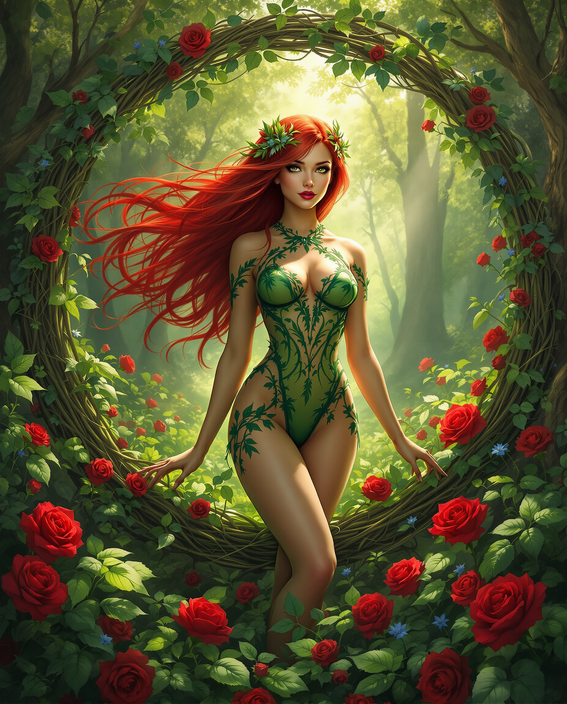 This image is a digital artwork that exudes a fantasy and enchanting atmosphere. The art style is reminiscent of highquality digital painting, with a focus on realistic proportions and textures, while still maintaining a stylized and fantastical element. The medium appears to be a digital painting software, given the smooth blending of colors and the lack of brush strokes.The colors in the image are rich and vibrant, with a predominance of greens, reds, and earth tones. The greens of the foliage and the characters costume create a lush, verdant feel, while the reds of the roses and the characters hair add a pop of color that draws the eye. The earth tones of the background and the characters skin tone provide a grounding contrast, making the vivid colors pop even more.The objects in the image are numerous and contribute to the overall fantasy setting. At the forefront, there is the central figure, a woman with flowing red hair and a body adorned in a green bodysuit with leaf patterns. The bodysuit is detailed with lace and vines, suggesting a connection to nature. Her skin is a warm, earthy tone, providing a natural contrast to the bright colors of her hair and costume.Behind the figure, there is a circular frame made of intertwined vines and roses, which frames her and adds a sense of enclosure and mystery. The frame is set against a backdrop of a sunlit forest, with towering trees and lush foliage. The light filters through the canopy, casting a dappled effect on the ground and creating a sense of depth and dimension.The ground is covered in a carpet of green leaves and red roses, with the occasional blue flower peeking through. The roses are in various stages of bloom, with some fully open and others just starting to unfurl. The leaves are detailed and textured, with veins and imperfections that give them a lifelike quality.The overall effect of the image is one of enchantment and mystique, with a strong emphasis on the beauty and power of nature. The interplay of light and shadow, the rich textures, and the harmonious color palette all contribute to a sense of wonder and fantasy.
