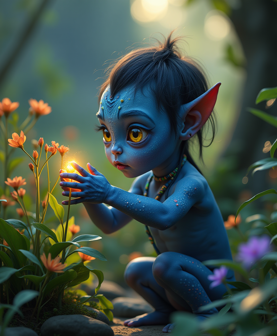 A curious young Na'vi child exploring the vibrant jungle of Pandora, surrounded by bioluminescent flowers and alien creatures. The child’s small, agile frame is covered in blue skin with colorful markings. Their large, expressive yellow eyes are filled with wonder as they reach out to touch a glowing plant. The scene is shot at dusk, with warm, soft lighting casting long shadows, creating a peaceful, magical atmosphere. The child’s playful expression is captured in close-up with a 85mm lens at f/2.0, highlighting the intricate textures of their face and the glowing surroundings. 