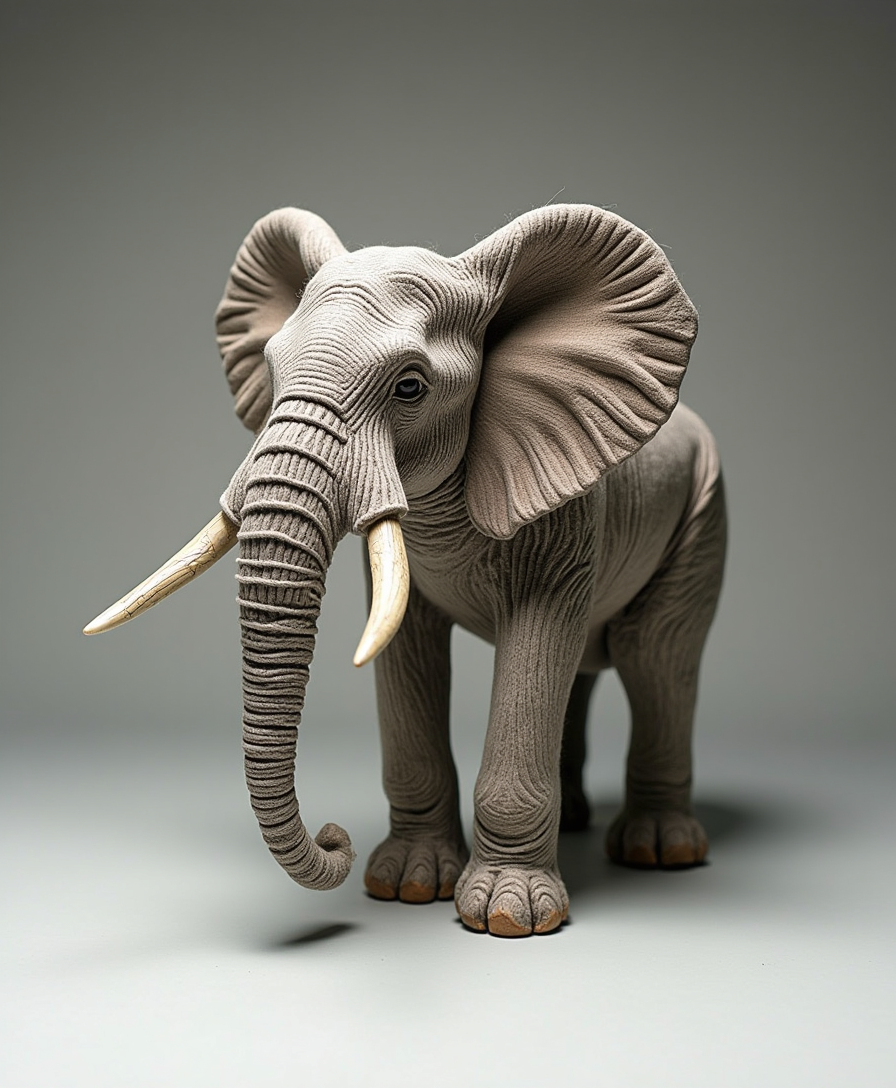 Una figura de elefante creada completamente con hilos de lana, con detalles intrincados que forman el cuerpo, las patas, y la trompa. Los hilos salen de manera fluida y dinámica del cuerpo del elefante, creando un efecto de movimiento como si estuvieran flotando o extendiéndose suavemente. El fondo es neutro, simple y limpio, para resaltar la figura. La iluminación es suave y de alta calidad, destacando las texturas de los hilos y creando un contraste sutil entre las sombras y los detalles de la figura de lana 