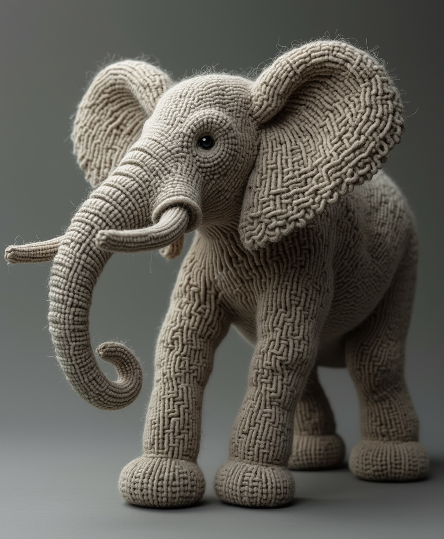 Una figura de elefante creada completamente con hilos de lana, con detalles intrincados que forman el cuerpo, las patas, y la trompa. Los hilos salen de manera fluida y dinámica del cuerpo del elefante, creando un efecto de movimiento como si estuvieran flotando o extendiéndose suavemente. El fondo es neutro, simple y limpio, para resaltar la figura. La iluminación es suave y de alta calidad, destacando las texturas de los hilos y creando un contraste sutil entre las sombras y los detalles de la figura de lana 