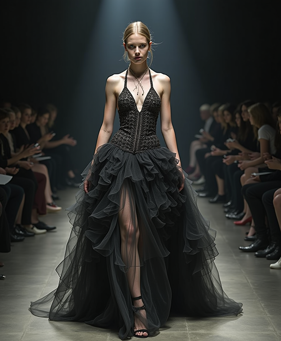 Кампейн Alexander McQueen коллекции 2025, мрачная и авангардная съемка. Фэшн-модели позируют в минималистичном пространстве темный, индустриальный фон с элементами металла, бетонных стен и холодного света. На моделях только архитектурные корсеты сложного дизайна, выполненные из материалов, таких как кожа, металл, кружево и прозрачные ткани. Драматичная эстетика: контрастное освещение, игра света и теней, подчеркивающая скульптурность корсетов. Атмосфера мистики и дерзости, образы дополняют темный макияж, строгие прически или мокрый эффект волос. Композиция передает дух инновации, силы и художественного провокационного стиля Alexander McQueen 
