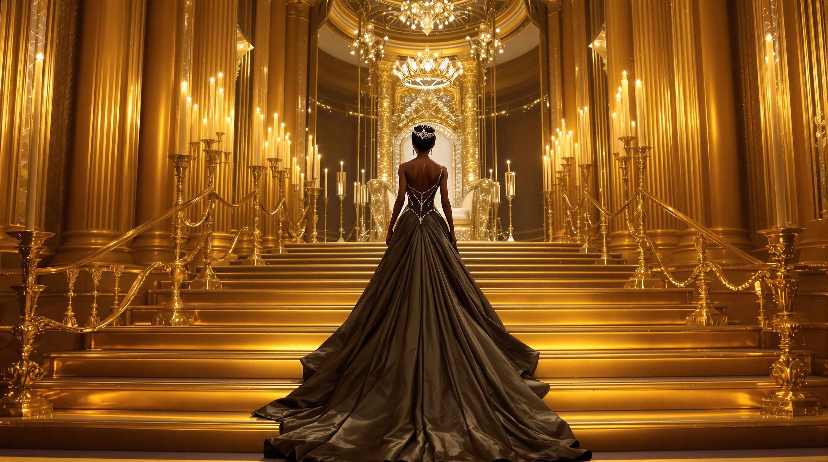 Example: Photo realistic 3d image of a beautiful black woman dressed in a long elegant de