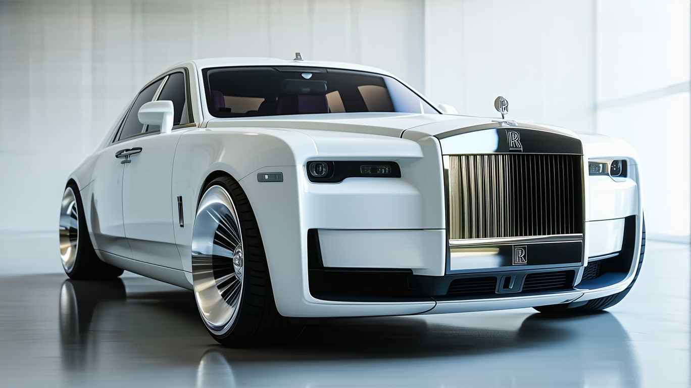 a futuristic concept of a crystal white rolls royce executive 5 door sedan with satin black and silver wheels in mexico front