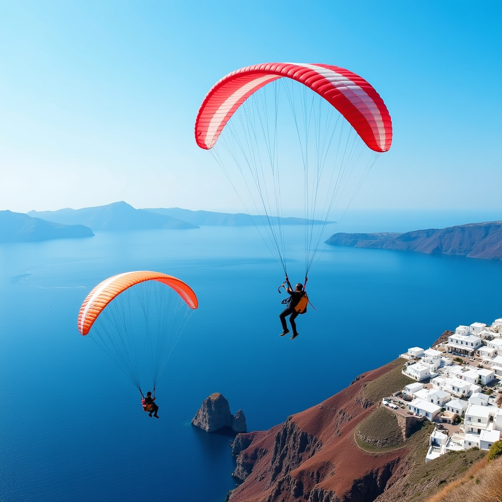 a trio of paragliders soar over the landscape of Santorini, with the blue sea behind them