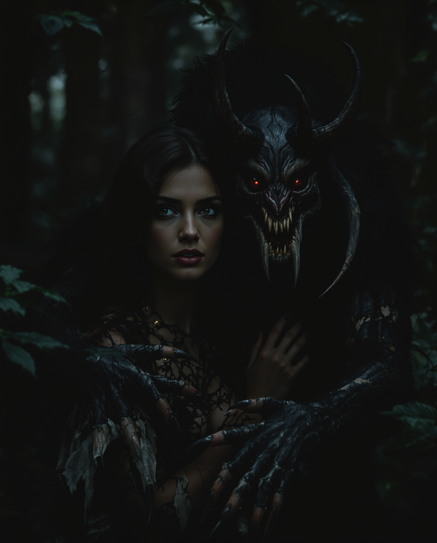 A brunette Woman in the dark forest, being protected and guarded by a female wendigo. The Wendigo means her no harm but looks feral, and the woman feels protected. She is looking towards the viewer