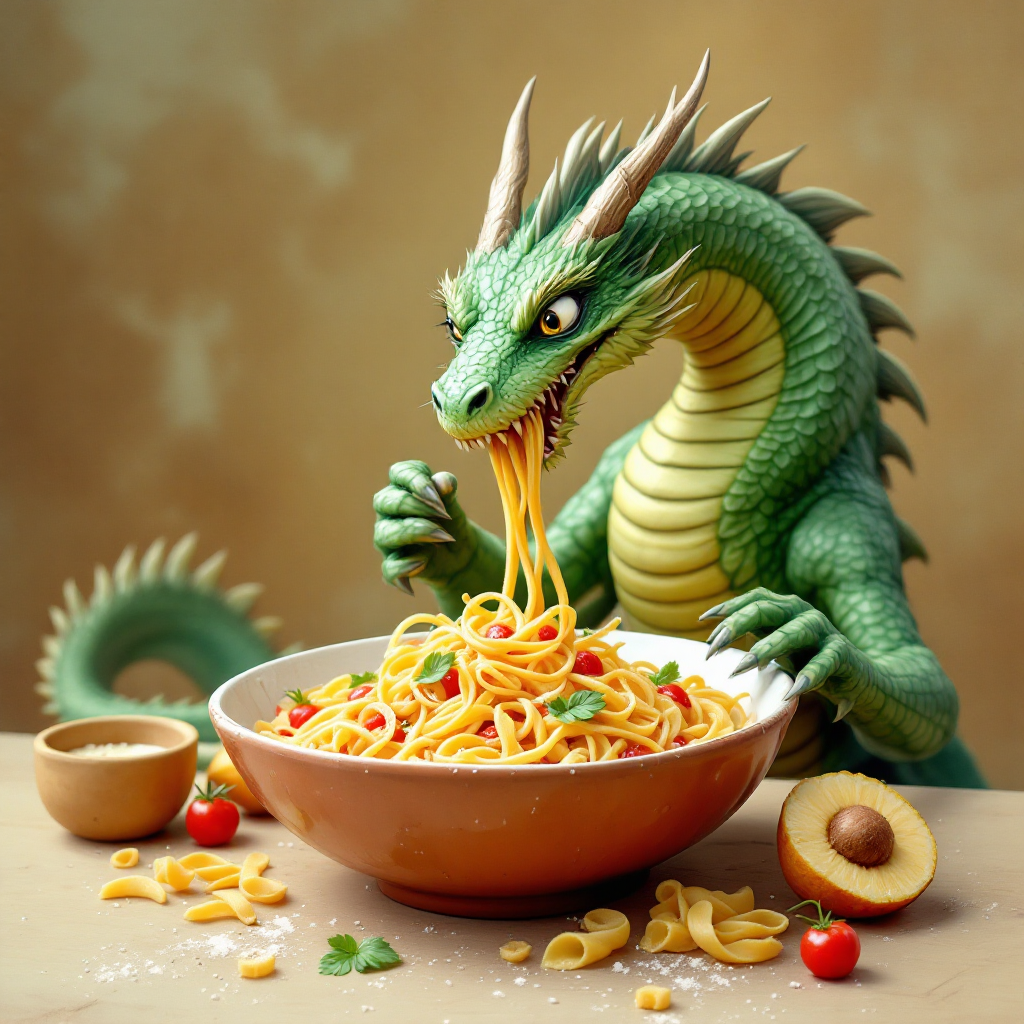 a dragon eating a bowl of pasta