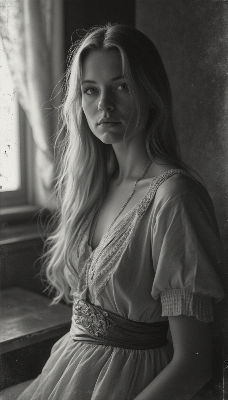 A captivating black-and-white vintage photograph with a distinct grainy texture and gentle contrast, transporting viewers to the early 20th century. The central figure is an elegant woman, showcasing long flowing blonde hair, posed formally against a backdrop of her charming vintage room, adorned with antique furniture. Signs of age are visible, including delicate scratches and faded edges, further enhancing the image's historical allure. Soft, diffused lighting envelops the scene, casting a timeless and nostalgic ambiance that echoes memories of yesteryears.