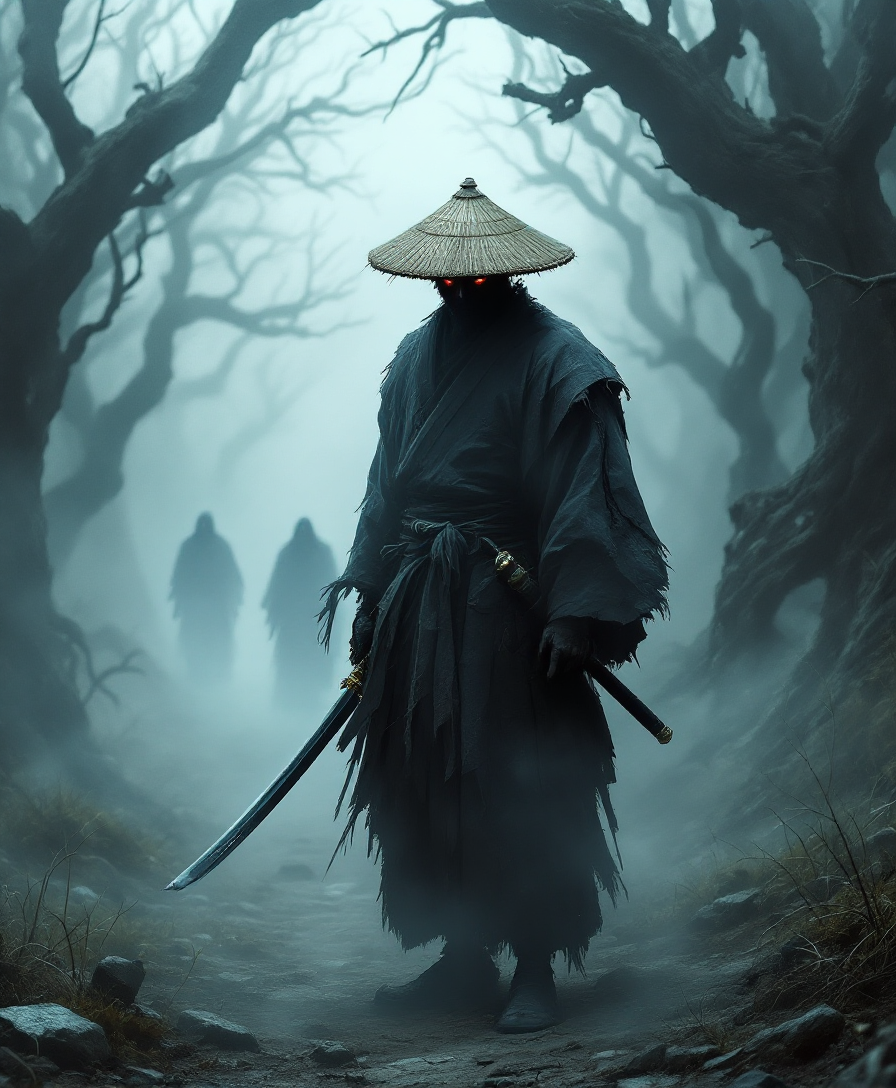 In the foreground, a solitary samurai stands, his silhouette partially obscured by thick, swirling fog that envelops the scene, creating an eerie atmosphere. He wears a tattered, dark kimono, frayed at the edges, with a traditional katana sheathed at his side, its hilt intricately designed with ancient motifs. The samurai's face is partially shadowed by a wide-brimmed straw hat, casting a foreboding shadow over his eyes, which glimmer with a hint of sorrow and determination. The ground is uneven and rugged, dotted with jagged stones and patches of dead grass, while the background is a blurred amalgamation of dark, looming trees and twisted branches that seem to claw at the sky. Wisps of fog curl around the trunks, creating an otherworldly feel, and the faint outlines of ghostly figures can be seen lurking in the distance. The overall color palette is muted, dominated by shades of gray and deep blue, enhancing the chilling mood. Keywords: foggy, horror, lonely, samurai, eerie atmosphere, tattered kimono, katana, ancient motifs, shadowed face, rugged ground, dead grass, dark trees, twisted branches, ghostly figures, muted color palette, gray, deep blue, composition, dramatic perspective, low lighting, high contrast, ethereal quality.