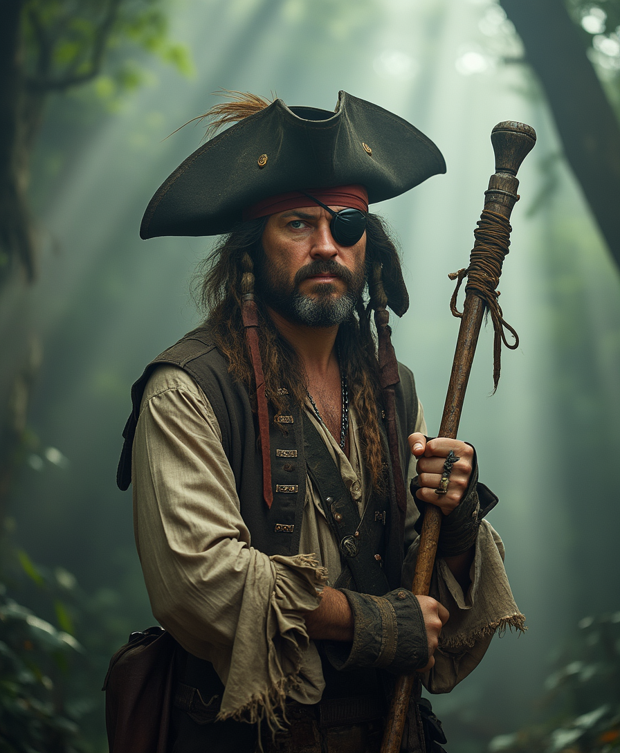 A man dressed as a buccaneer stands confidently, looking directly at the camera. His pirate hat, intriguingly modified with an antenna, complements the eye patch over one eye, adding an eccentric flair to his distinctive look. The rugged attire he wears, made from worn leather and tattered cloth, hints at countless adventures on the high seas. 

Instead of the darkness of a submerged space, the backdrop transforms into a foggy forest, where beams of sunlight pierce through the thick canopy, creating a serene yet foreboding atmosphere. The light highlights the textures of his clothing—rough and weathered—while casting shadows that dance across the forest floor. 

In one hand, he grips an ancient, wooden tool wrapped in cloth and leather, a weapon that speaks to his readiness for both battle and exploration. His intense expression conveys determination and alertness, as if he is prepared for whatever challenges lie ahead in the misty depths of the woods. 

The color palette of the scene is rich with natural earth tones—greens, browns, and grays—enhancing the realism of the moment. The composition captures every detail, from the intricate stitching of his outfit to the resolute lines of his face, emphasizing the character’s prominence against the slightly blurred backdrop of the enigmatic forest.