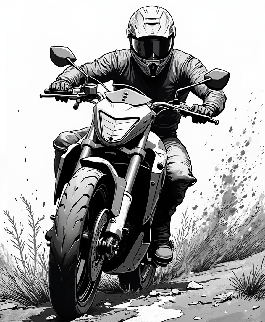 Example: Make the motorcycle ion mud comic book style Transform the scene into a comic bl