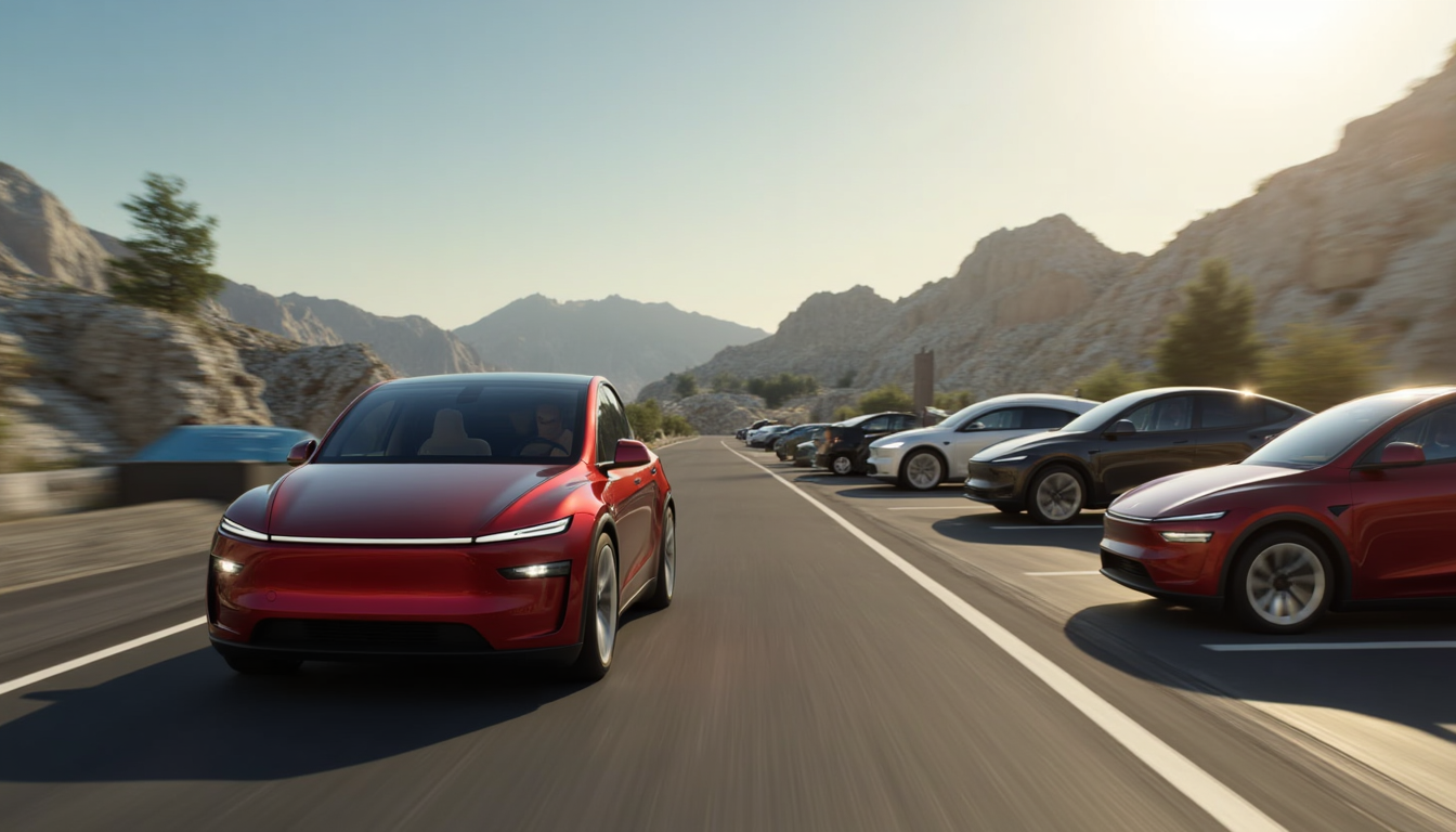 T3SLAMDLYJNP3R, A Tesla Model Y Juniper driving through a sea of broken down cars