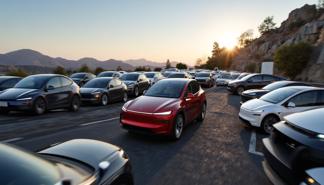 T3SLAMDLYJNP3R, A Tesla Model Y Juniper driving through a sea of broken down cars