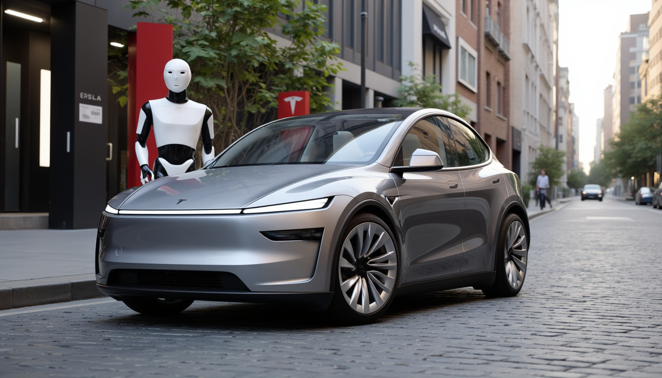 Example: T3SLAMDLYJNP3R parked on a city street with a Tesla Optimus humanoid robot stand