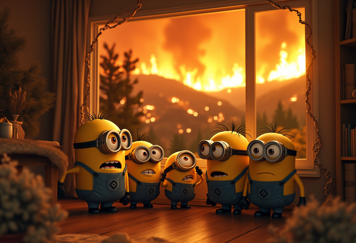 a whimsical of a family of  minions  in a California house far from fires  but are worried it will come to their area. they are  inside the house safe  to avoid all ashes falling  entire family is inside the house looking out the window at the fire, very worried