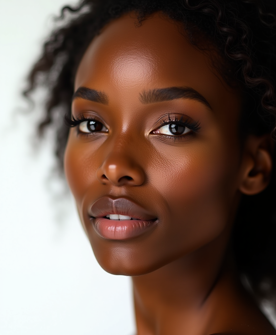 A high-resolution full-face closeup portrait of a black woman, complemented by her radiant complexion. The ring light creates a glowing halo effect around her face and adds depth with reflective highlights in her eyes. The clean white backdrop ensures an ultra-modern and polished look.  

 















