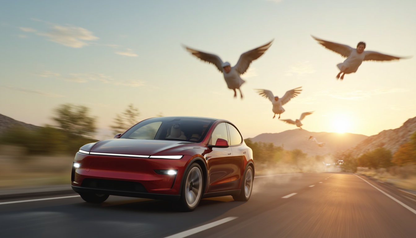 T3SLAMDLYJNP3R, a tesla model y juniper driving with angels flying over head.