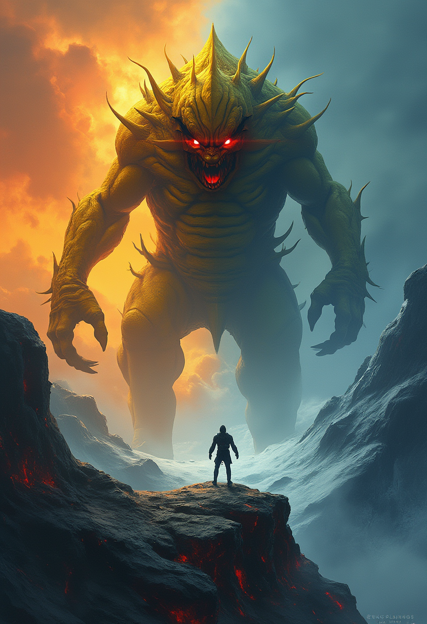 This image is a digital artwork that captures a moment of confrontation between a towering, menacing minion:2.3 creature and a solitary figure standing on a rocky outcrop. The minion creature is the focal point of the image, towering over the landscape and dwarfing the human figure. The minion creature is a yellowish dark, twisted figure with minion protrusions and a menacing, snarling minion face.. The minion creatures eyes glow with an ominous red light, and its mouth is open in a snarl, showing sharp teeth. The Minions hands are raised, and it seems to be in a threatening or aggressive stance. The human figure is small in comparison to the creature, standing alone on a rugged, rocky terrain. The minion figure is dressed in dark clothing, which blends in with the dark, ominous atmosphere of the scene. The human figure is facing the creature, seemingly in a moment of confrontation or decision.The background of the image is a stark contrast between fiery and icy elements. On one side, the sky is ablaze with orange and red hues, suggesting a fiery inferno. On the other side, the sky is a deep blue, with wisps of white clouds, suggesting a cold, icy environment. This dichotomy of elements creates a sense of impending doom and highlights the central conflict between the two figures.The art style of the image is reminiscent of fantasy or science fiction, with a focus on dramatic lighting and shadow to create a sense of depth and drama. The use of contrasting colors and textures adds to the overall tension and foreboding of the scene.The medium of the artwork is digital painting, as evidenced by the smooth gradients and seamless blending of colors. The artist has skillfully used various brush strokes and textures to create a lifelike and threedimensional effect.Overall, the image is a powerful and evocative portrayal of a moment of confrontation between humanity and an overwhelming force of nature or darkness. The use of contrasting elements, dramatic lighting, and a focus on the central figures creates a sense of suspense and foreboding, leaving the viewer to ponder the outcome of the impending battle.