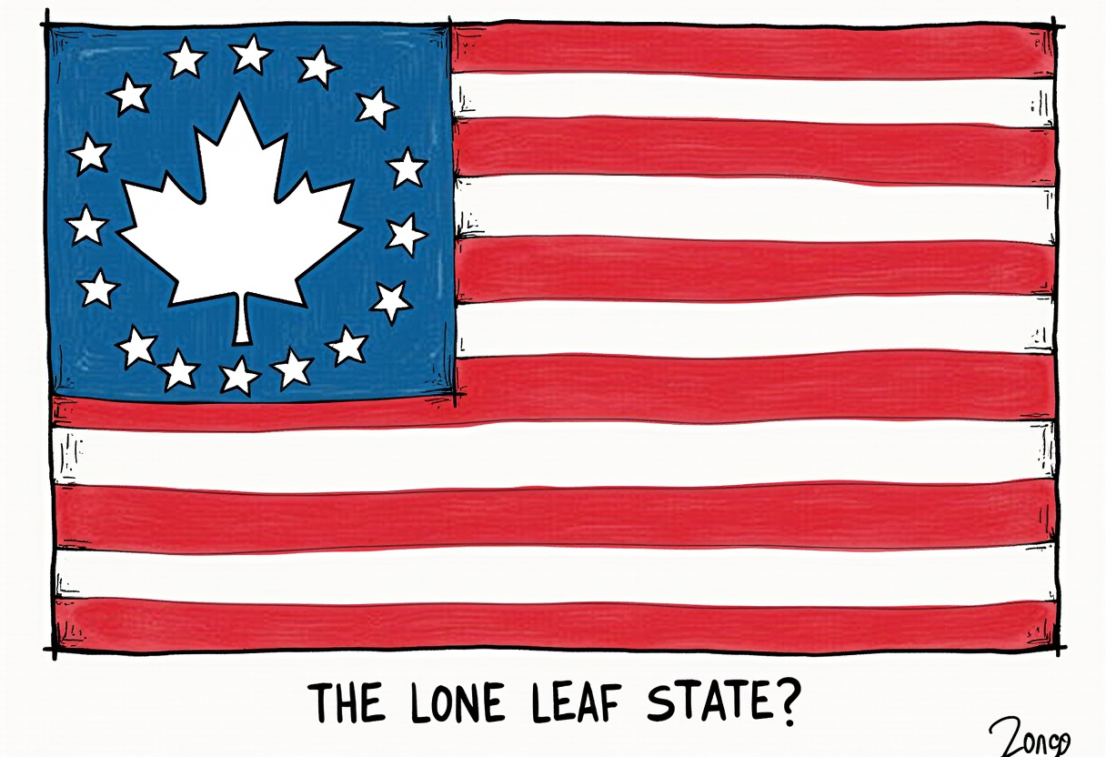 This image is a digital illustration that appears to be a political cartoon. The art style is bold and simplistic, with a clear, clean line that gives the image a modern and straightforward look. The medium seems to be a digital painting or drawing, as indicated by the crisp edges and the lack of texture that one might expect from a traditional medium like paper and ink.The colors are primarily red, white, and blue, which are the traditional colors of the American flag. The red stripes are thick and evenly spaced, while the white stripes are narrower. The blue field is also divided into two sections the top half is a solid blue, and the bottom half is a lighter blue with a pattern of white stars. The stars are uniformly spaced and of a consistent size, giving the blue field a starry night sky appearance.In the center of the image, there is a white maple leaf superimposed on the blue field. The maple leaf is a symbol commonly associated with Canada, and its placement on the American flag is likely intended to be a humorous or satirical statement. The maple leaf is a bit smaller than the stars, and it is placed in the lower left quadrant of the blue field, which is the position of the first star in the top left corner of the American flag.At the bottom of the image, there is a caption in a casual, handwritten font that reads THE LONE LEAF STATE?. This caption is likely intended to be a pun or a joke, playing on the phrase Lone Star State, which is the nickname for Texas in the United States. The question mark at the end of the caption suggests that the artist is leaving the interpretation up to the viewer.Overall, the image is a satirical take on the American flag, using the maple leaf to make a playful reference to Canada, and the caption to prompt the viewer to consider the implications of this alteration. The art style and the use of color and objects are clear and direct, making the message of the cartoon easily understood.