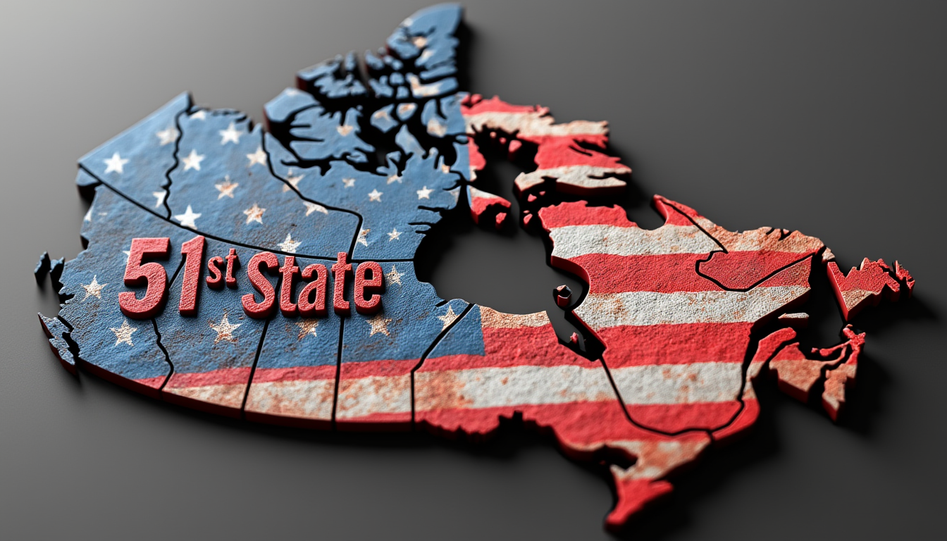 create a 3d map of Canada with US flag with the words "51st State" printed in the map in hard red letters
