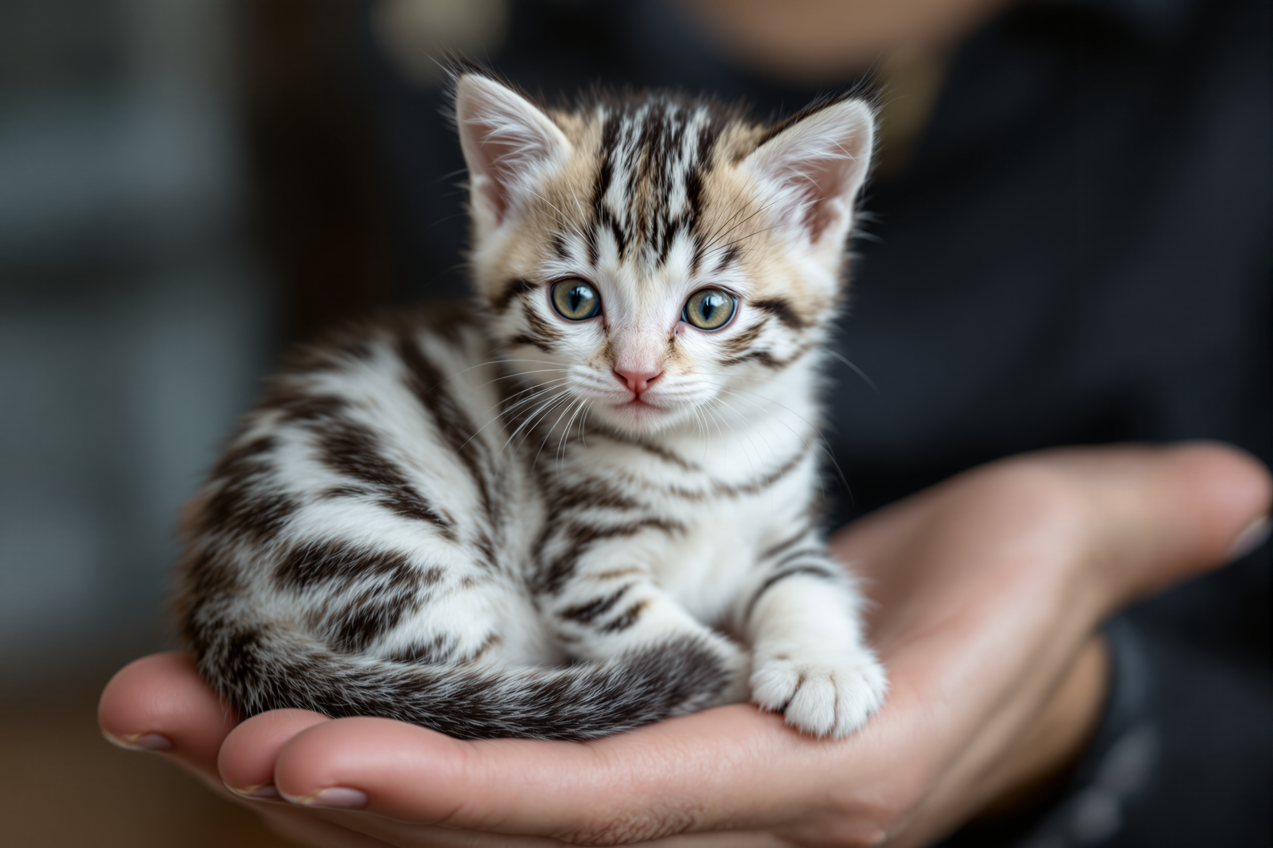 Create image of the cutest bleach white kitten with many many lots  black stripes like a striped zebra, sitting in the palm of a hand