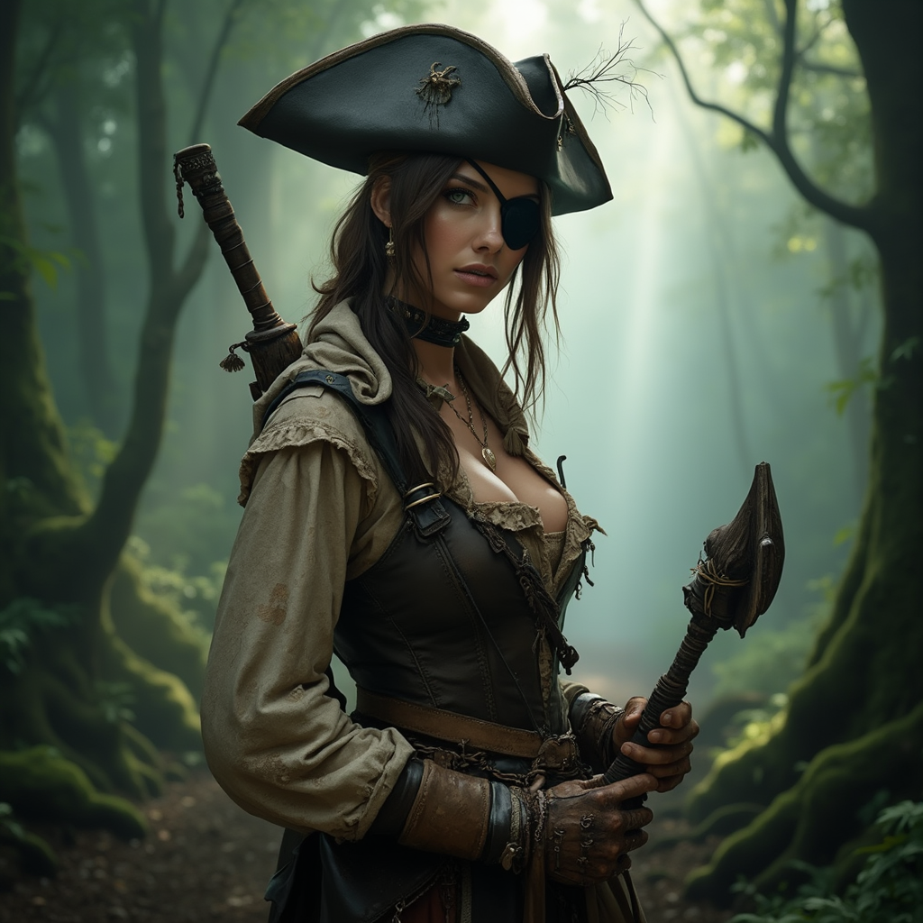 A sexy woman dressed as a buccaneer stands confidently, looking directly at the camera. her pirate hat, intriguingly modified with an antenna, complements the eye patch over one eye, adding an eccentric flair to his distinctive look. The rugged attire she wears, made from worn leather and tattered cloth, hints at countless adventures on the high seas. 

Instead of the darkness of a submerged space, the backdrop transforms into a foggy forest, where beams of sunlight pierce through the thick canopy, creating a serene yet foreboding atmosphere. The light highlights the textures of his clothing—rough and weathered—while casting shadows that dance across the forest floor. 

In one hand, she grips an ancient, wooden tool wrapped in cloth and leather, a weapon that speaks to his readiness for both battle and exploration. His intense expression conveys determination and alertness, as if she is prepared for whatever challenges lie ahead in the misty depths of the woods. 

The color palette of the scene is rich with natural earth tones—greens, browns, and grays—enhancing the realism of the moment. The composition captures every detail, from the intricate stitching of his outfit to the resolute lines of his face, emphasizing the character’s prominence against the slightly blurred backdrop of the enigmatic forest.