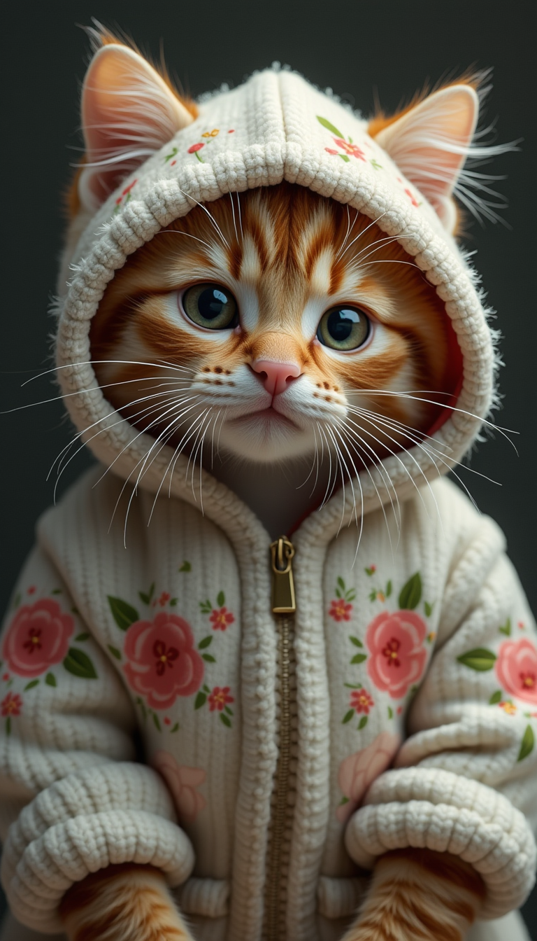 cute realistic cat wearing embellished hoodie with flowers, grainy film, analog kodak photo 4k, realistic cat fur, realistic fur texture  