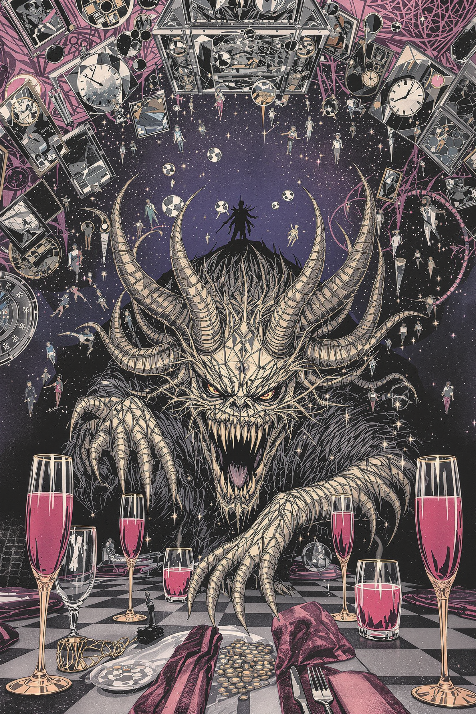 Mirrors on the ceiling, the pink champagne on ice
And she said, "We are all just prisoners here of our own device"
And in the master's chambers, they gathered for the feast
They stab it with their steely knives, but they just can't kill the beast