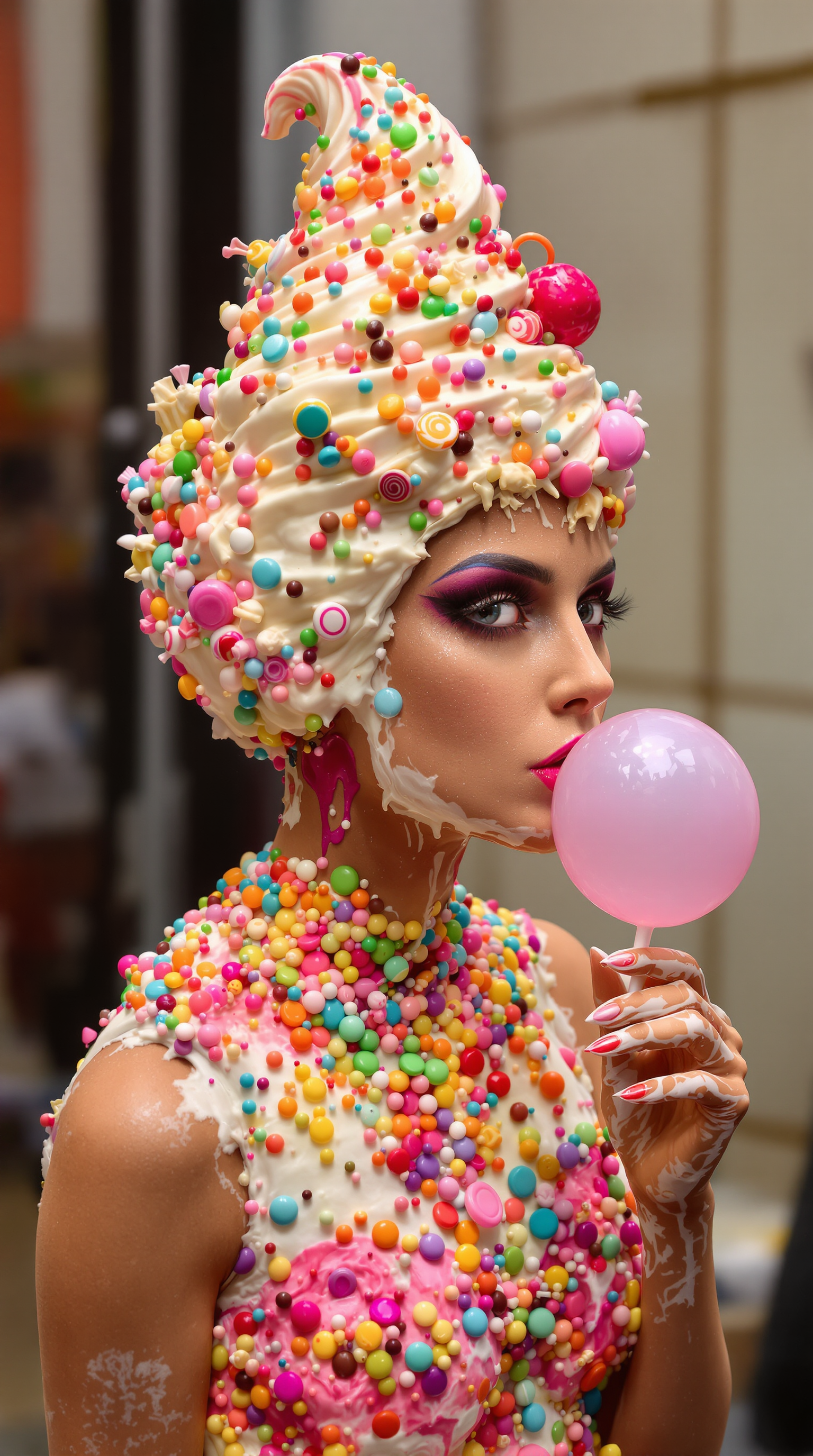 beautiful lady made of an ice cream , her body , face and head texture is an ice cream her head covered in candies and lolipops,blows a gum bubble,  aesthetic picture without artifacts 