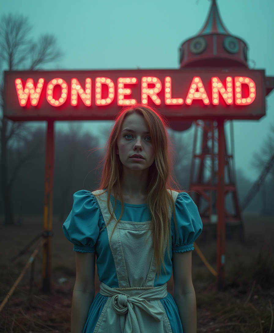 A hyper-realistic photo of an 18-year-old woman, dressed as Alice from 'Alice in Wonderland,' standing in a defunct and derelict amusement park. The scene is bathed in an unsettling, dim light as the dilapidated structures loom ominously around her. Behind her, a flickering neon sign that reads 'WONDERLAND' casts an eerie glow, its once-vibrant colors now faded and partially broken. The sign sputters intermittently, adding to the sense of decay. The park itself is overgrown, with rusted rides and broken-down attractions scattered throughout the scene. The air is thick with a sense of abandonment, with forgotten remnants of what was once a joyful place now tainted by neglect. The woman, with wide, curious eyes and an expression caught somewhere between wonder and fear, stands in stark contrast to the grim surroundings. Her hair is slightly windswept, and her once-pristine costume is now dirtied and worn, symbolizing the distorted version of the Wonderland fantasy. The scene is dark and atmospheric, with the interplay of light and shadow emphasizing the desolation of the amusement park. The surroundings are blurred in an almost dreamlike way, creating a sense of unease and surrealism. The color palette is muted, with pale blues, grays, and faint neon greens dominating the frame, amplifying the disturbing, haunting quality of the scene. This photograph exudes an eerie and unsettling beauty, invoking a sense of tension and mystery, as the juxtaposition of the innocent Alice figure within the decayed, nightmarish Wonderland creates an overwhelming feeling of dread. 