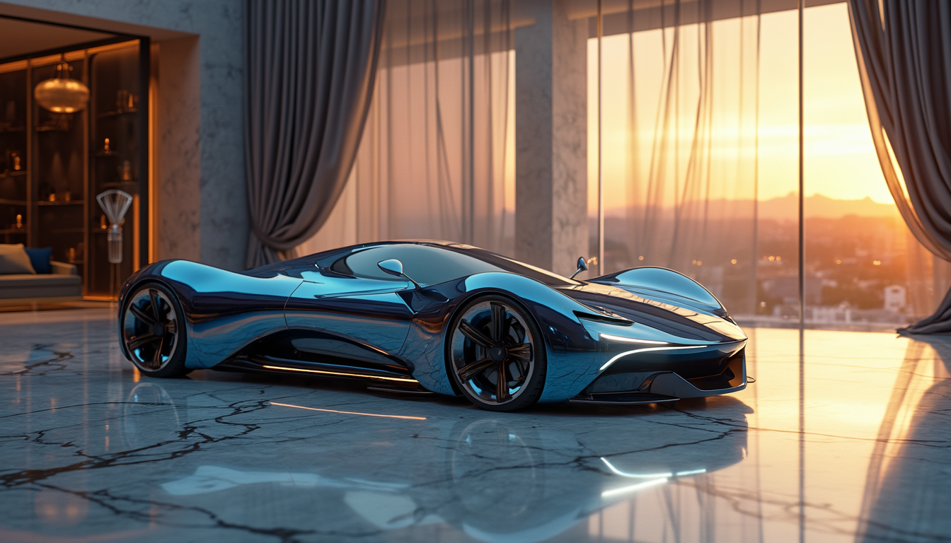 A sleek, futuristic concept car glides across a polished marble showroom floor, its aerodynamic silhouette reflecting the soft, ambient glow of strategically placed LED lights that dance across the contours of its metallic skin. The car's body, a striking blend of deep sapphire blue and iridescent silver, shimmers like liquid mercury under the delicate illumination, while its angular, aggressive lines suggest raw power and speed waiting to be unleashed. Surrounding the vehicle, minimalist displays of carbon fiber and glass showcase the latest in automotive technology, their stark elegance contrasting with the sumptuous richness of the plush velvet drapes that frame the expansive glass windows, allowing glimpses of a vibrant cityscape beyond.

In the background, the sun sets, casting a warm golden hue that filters through the glass, creating a halo effect around the car, emphasizing its status as a masterpiece of engineering. The tires, low-profile and wrapped in high-performance rubber, hint at the thrilling adventures awaiting on asphalt racetracks, while the cockpit, adorned with leather and high-tech interfaces, beckons the driver to experience the ultimate fusion of luxury and speed. The composition draws the eye towards the vehicle, inviting admiration and intrigue, as reflections of the surrounding opulence blend seamlessly with the car's striking design, embodying the pinnacle of automotive artistry.