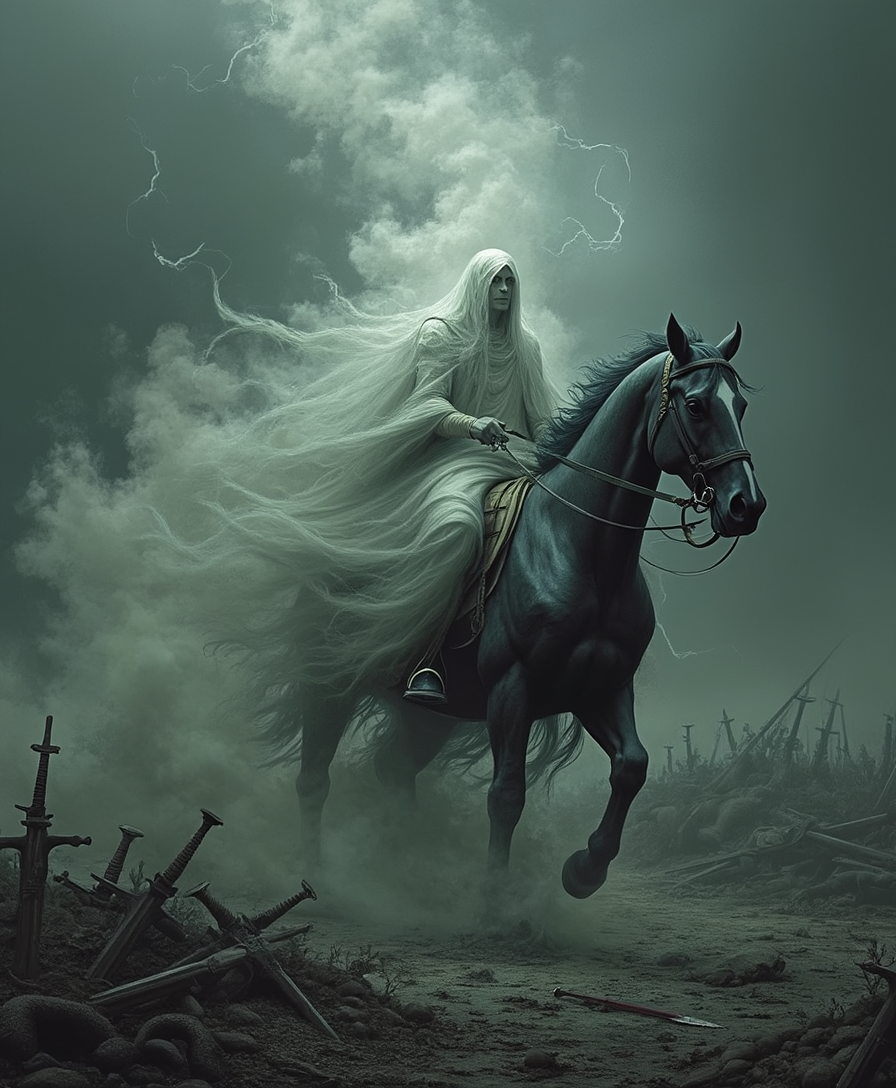 A ghostly figure in flowing robes rides a spectral horse, emerging from a swirling cloud of mist. The background depicts a battlefield strewn with fallen soldiers and weapons, creating a dramatic and eerie atmosphere. The scene conveys a sense of haunting power and foreboding. Include text. Black Starr - Powder Reign