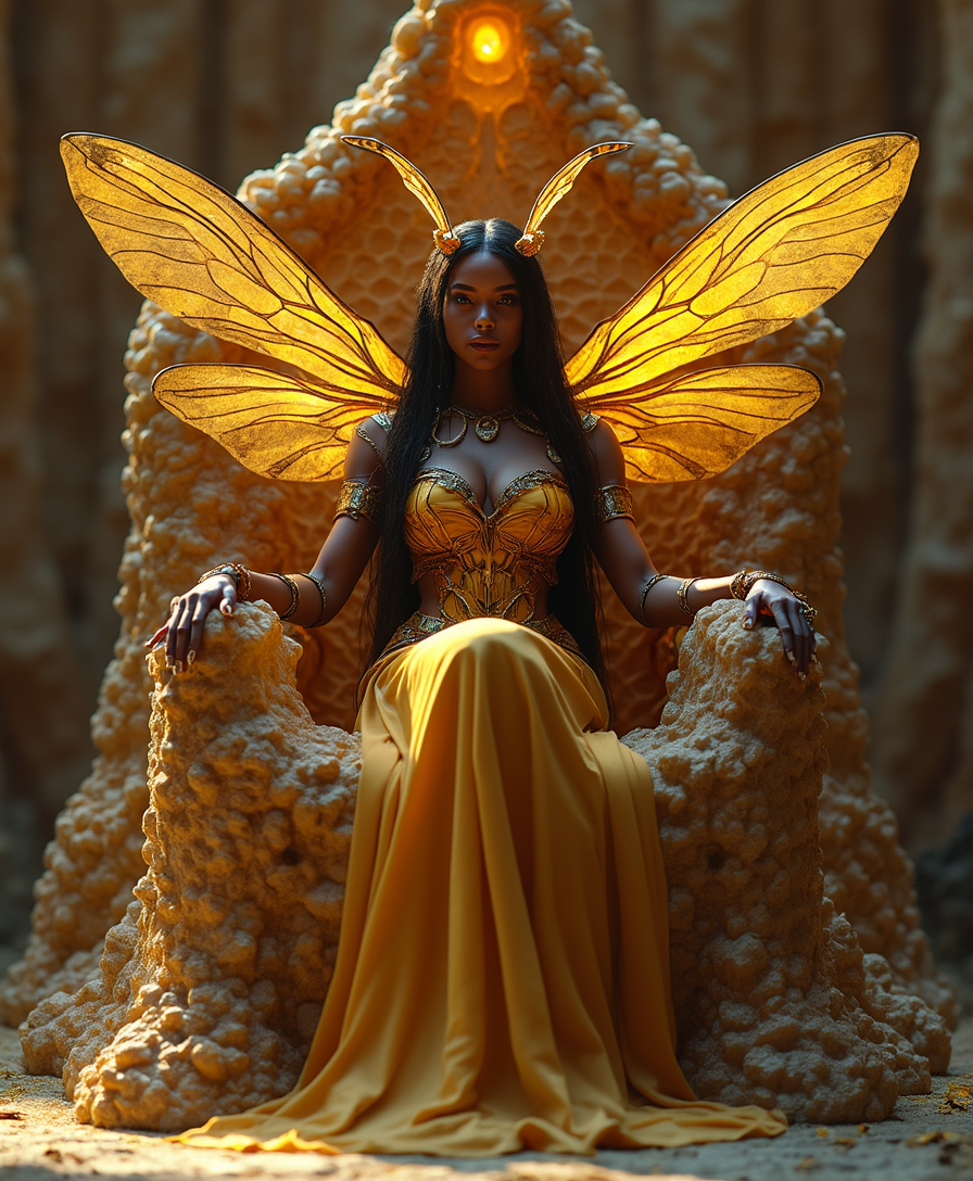 Seated upon a majestic throne carved directly into the walls of a grand honeycomb chamber, the Queen radiates both regal beauty and undeniable authority. Her form is a mesmerizing fusion of human elegance and the raw, natural power of the hive. Her skin shimmers with golden, honeyed tones, while her armor-like exoskeleton gleams in deep amber and ebony, patterned in the rich, velvety stripes of a queen bee. This protective shell accentuates the curves of her body, enhancing her humanoid grace while integrating the segmented shapes of her insectoid nature.Her wings, large and translucent, fan out behind her, shimmering in the low light with an ethereal golden glow. They are intricate and delicate, like the gossamer wings of a bee, yet they possess an unmistakable strength, subtly lined with metallic traces. These wings, though still, hum with latent power, reflecting her sovereignty over the hive. Her throne, crafted from the waxy hexagons of the honeycomb, glows softly, as if alive, the walls around her dripping with golden honey. The structure envelops her, both a symbol of her reign and a testament to the industrious hive. Long, flowing hair the color of liquid honey cascades down her back, pooling at her feet like a golden river. Her eyes, large and dark, are filled with a deep, ancient wisdom, surveying her domain with a quiet yet undeniable power.From her forehead, two graceful, golden antennae arch forward, glowing faintly as they sense the pulse of the hive around her. Her hands, poised on the arms of her throne, are tipped with translucent claws, delicate yet capable of swift, decisive action. Her presence commands both respect and awe, embodying the perfect balance between nurturing ruler and fierce protector.Around her, the vast honeycomb structure buzzes softly with swams of bees, filled with the hum of loyal workers, each attending to the needs of their queen, while golden honey drips slowly from the walls, casting a warm glow throughout her domain.