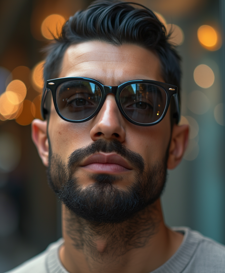 hyperrealistic photo of 34yo man, short black hair combed back with gel, three-day beard, wearing slipped down on the nose sunglasses, looking (above:1.8) the sunglass with his detailed eyes right to the viewer, intrinsic detailed skin texture, perfect eyes, 8k, RAW, Canon EOS 5D, blurred background, bokeh 