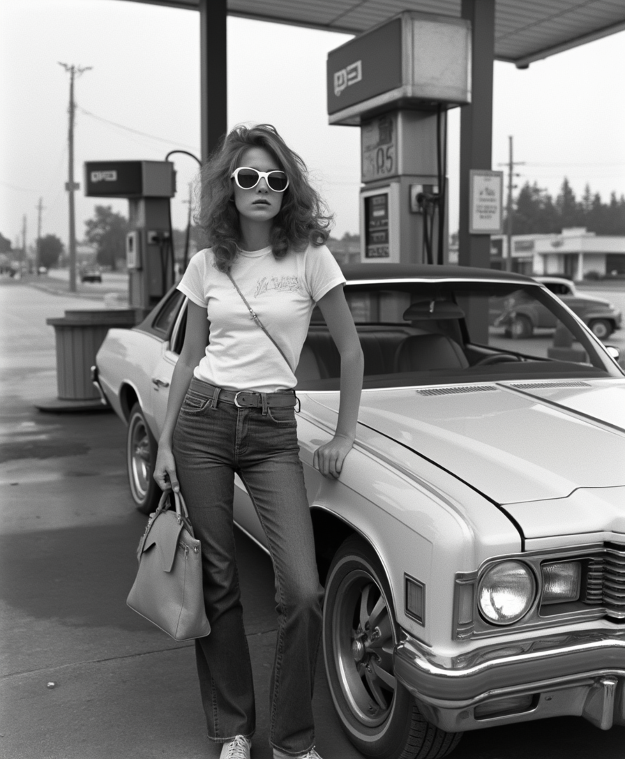 A black-and-white photograph of a young woman wearing sunglasses, standing next to her car at a gas station in the northeastern United States in the summer of the 20th century. She is dressed in a T-shirt, jeans, and shoes, and is holding a handbag. The scene captures the essence of mid-1970s American culture, and it has been photographed in the style of Martin Parr. She looks confident and cool. 