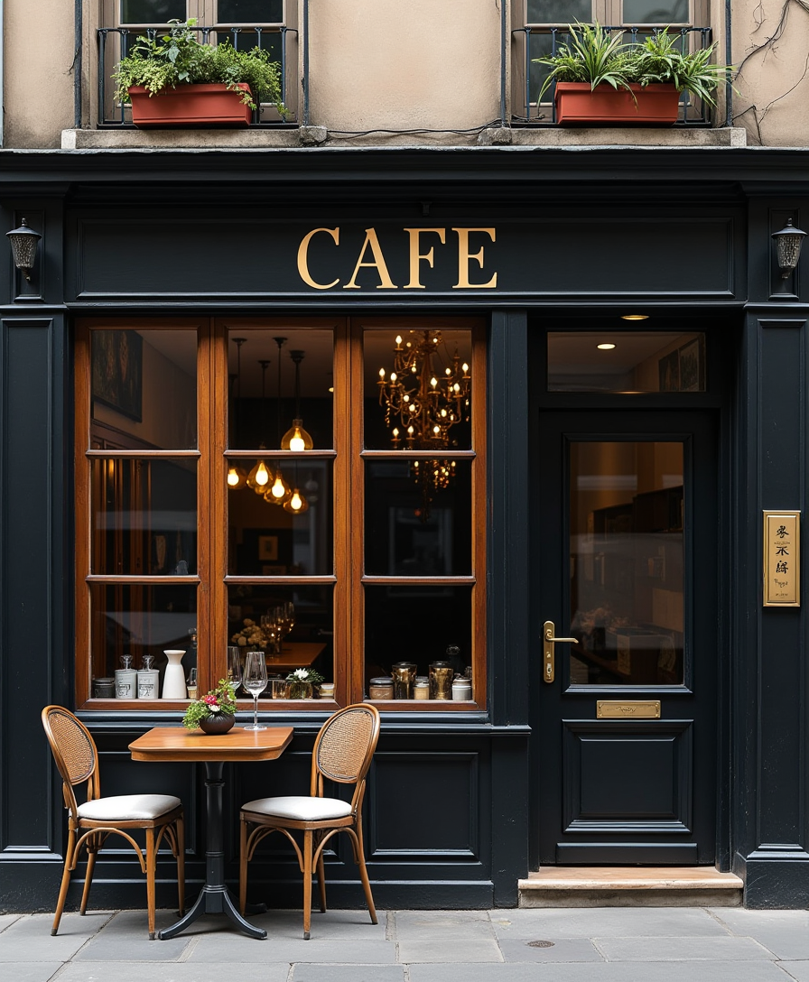 the facade of the cafe is black. with large windows and wood trim. realism