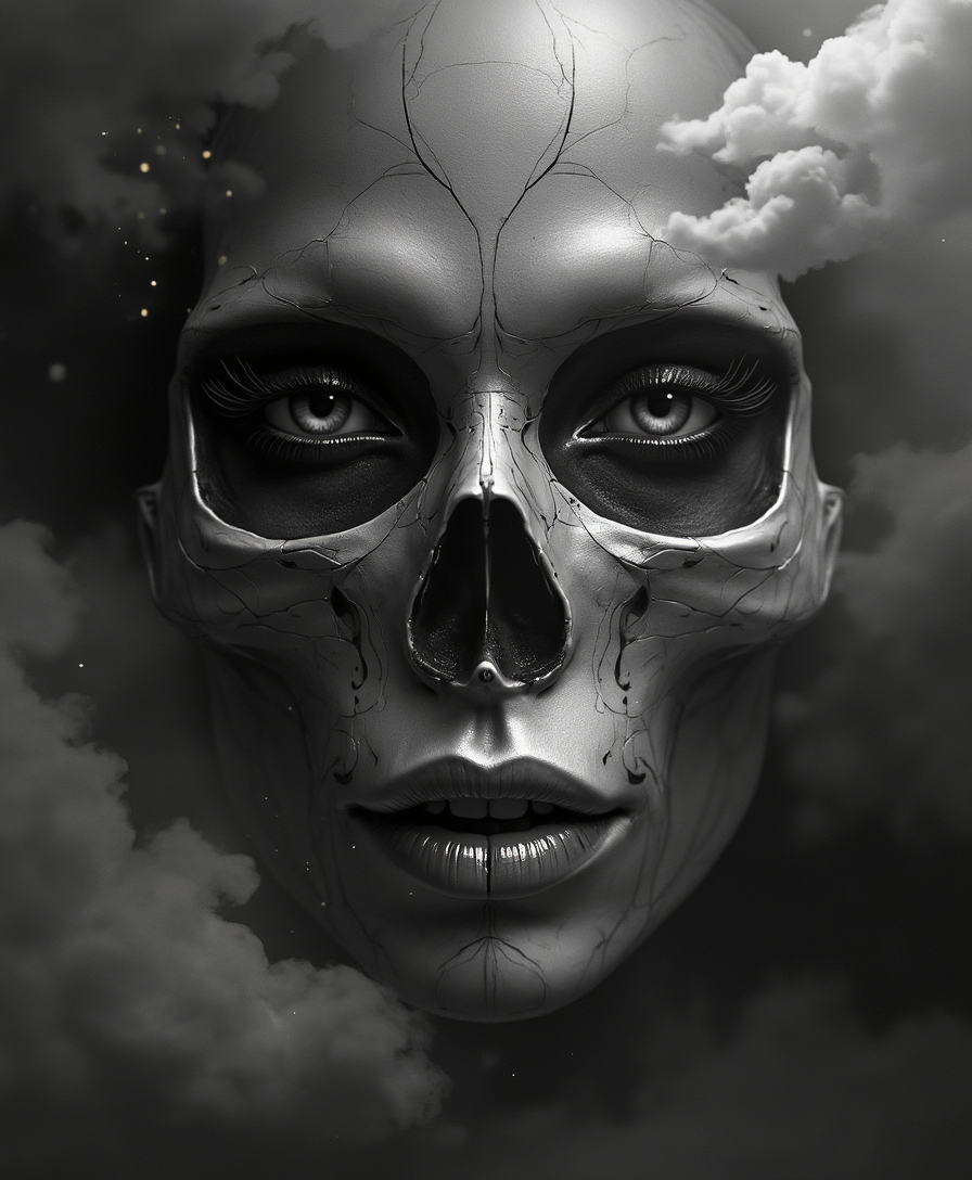 skull,beautiful female portrait, intricate shading, smooth gradients, high-contrast black and white composition, micro details, layered textures, glowing highlights, dynamic light refraction, tattoo-focused design, 9:16 layout, balanced proportions, geometric symmetry, atmospheric depth, sharp edges, soft cloud diffusion, hyper-realism, tactile surface definition