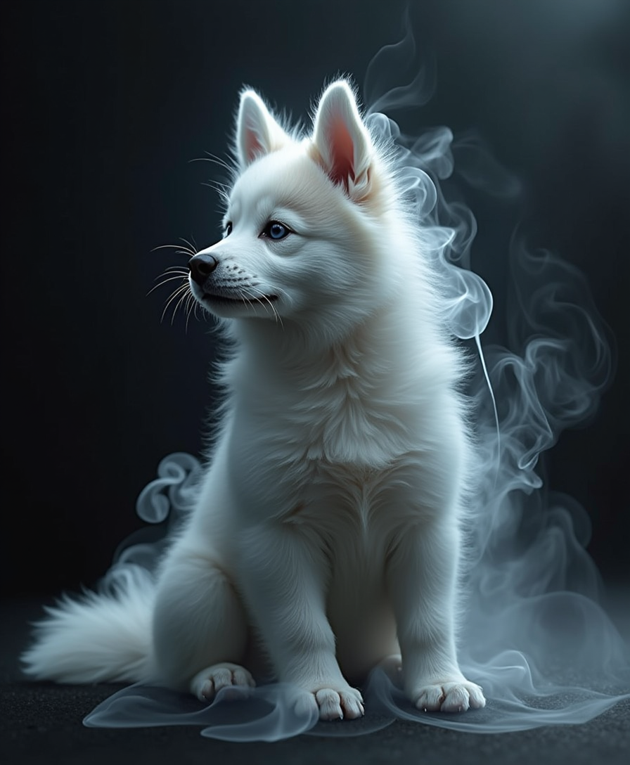 A photorealistic depiction of a dense cloud of smoke forming the shape of a baby husky, with soft, swirling tendrils creating the outline of its fluffy fur, upright ears, and playful stance. The smoke is illuminated by subtle light, highlighting its delicate edges and adding depth to the ethereal form. The background is dark and minimal, allowing the intricate details of the smoke to stand out, creating a mysterious and captivating atmosphere