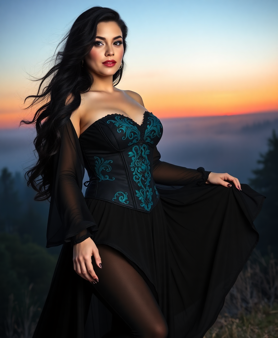 Example: A photorealistic image of a curvy woman with long black hair wearing a flowing b