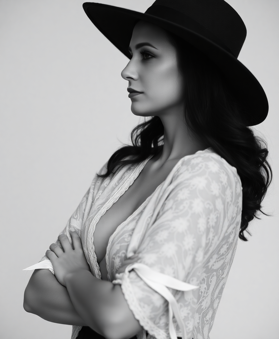 The image features a woman in a black and white photograph, captured in a side profile with her arms crossed over her chest. She is wearing a wide-brimmed hat and a delicate lace garment that drapes over her shoulders. The background is blurred, focusing the viewer's attention on the subject.