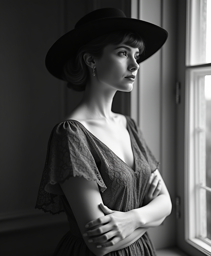 **Prompt:**

Create a black and white portrait of a woman in a side profile. She should have her arms crossed over her chest, exuding an air of poise and introspection. The woman wears a wide-brimmed hat, casting a soft shadow over her face, with fine details of the hat's texture visible. Her attire includes a delicate lace garment that elegantly drapes over her shoulders, the intricate patterns of the lace standing out in stark contrast to the monochrome palette. 

- **Style:** Emulate the timeless elegance of Edwardian-era photography, with a focus on high contrast and detailed shadows to enhance the depth and drama. 
- **Composition:** Position the subject slightly off-center to the left, allowing for negative space on the right. Use a shallow depth of field to blur the background, focusing all attention on the woman. The camera angle should be slightly above eye level to capture the contour of her face and the elegant lines of her attire.
- **Mood and Atmosphere:** The scene should evoke a sense of quiet contemplation, with the background suggesting an indoor setting with soft, diffused light. The time of day should feel like late afternoon, with the light casting gentle shadows and creating a serene ambiance.
- **Technical Aspects:** Utilize a soft focus lens effect to blur the background, ensuring the subject stands out sharply. The image should be grainy to mimic the texture of vintage film, and incorporate a slight vignette to draw the viewer's eye inward.

This portrait should capture the essence of grace and timeless beauty, with every element working in harmony to create a compelling, cohesive scene.