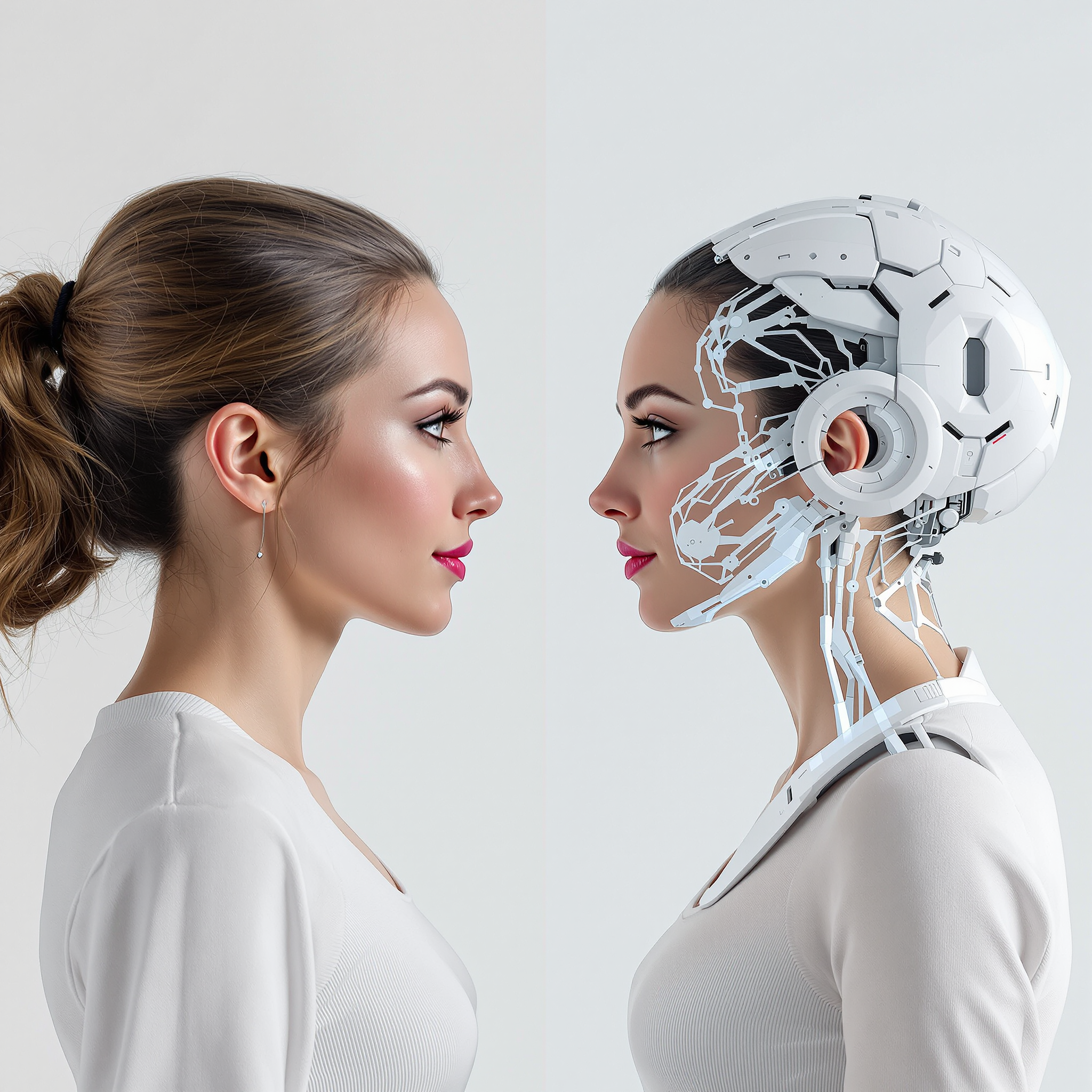 a woman standing face to face with her digital twin. the woman on the left looks completely normal. The digital twin on the right looks futuristic 