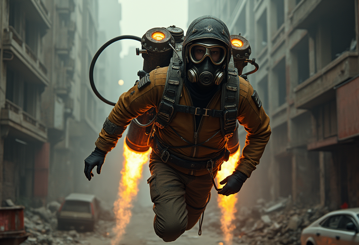 **Prompt:**

In a highly detailed, dystopian post-apocalyptic scene, a soldier with a gas mask and goggles flies above a desolate, ruined urban street. The soldier's uniform combines metallic and leather elements, showcasing intricate patterns and worn textures, reflecting the harshness of their environment. The jetpack, adorned with visible exhaust flames, intricate mechanical details, glowing engine parts, and complex piping, adds a steampunk-inspired vibe to the composition. The scene is characterized by:

- **Visual Details:** The soldier's gear is weathered, with visible scratches and patches, emphasizing the struggle for survival. The jetpack's flames cast dynamic light and shadows, highlighting the contrast between the dark, gritty environment and the soldier's illuminated silhouette. The urban landscape features rusted, decaying vehicles and debris, with crumbling buildings in the background, all enveloped in muted, earthy tones.

- **Style:** The image should capture the essence of neo-noir and dystopian art, with influences from cyberpunk and steampunk aesthetics. The composition should reflect the chiaroscuro technique, enhancing the dramatic lighting and shadow play.

- **Composition:** The camera angle is from below, looking up at the flying soldier, creating a sense of scale and awe. The soldier is centered, dominating the frame, with the ruined cityscape spreading out in all directions, emphasizing their isolation. The framing should include elements of the city in the foreground, adding depth and context to the scene.

- **Mood and Atmosphere:** The overall mood is one of despair and survival in a world after the fall. The dim light reflecting off the ground, combined with the muted colors and the eerie silence of the desolate urban landscape, creates an atmosphere of desolation, hopelessness, and the eerie calm after the storm.

- **Technical Aspects:** Utilize high dynamic range imaging to capture the stark contrast between the bright jetpack flames and the dark surroundings. Employ a shallow depth of field to focus on the soldier, while the background remains slightly blurred, enhancing the sense of movement and focus on the subject.

This cohesive scene should evoke the feeling of a lone survivor navigating a world left in ruins, where technology and survival intertwine in a visually compelling narrative.