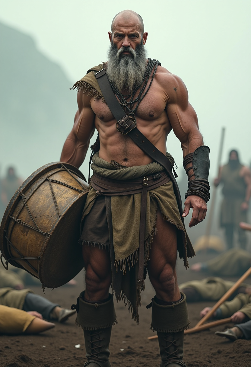 A post-apocalyptic warrior standing in a desolate battlefield, surrounded by fallen soldiers. The character is a bald, muscular man with a long gray beard, wearing primitive armor and adorned with tribal jewelry. He holds a large, weathered drum tied to his waist with a leather strap, evoking the image of a battle drummer. His intense expression reflects determination and resilience. The background features a misty, bleak landscape with muted colors, emphasizing the chaos and destruction of the scene. The overall style combines hyperrealism with a slightly cinematic tone, highlighting intricate details like scars, veins, and dirt