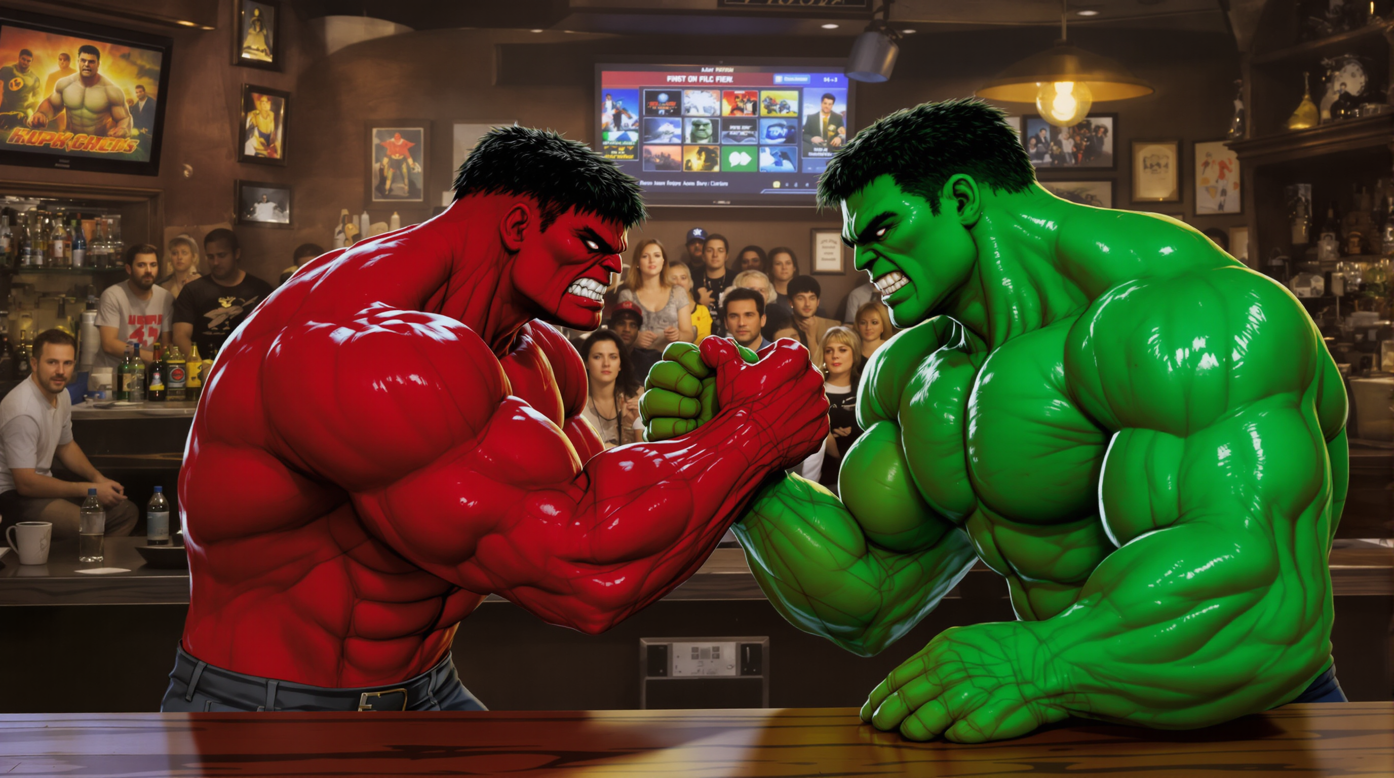 red hulk and green hulk arm wrestle at a crowded bar.
