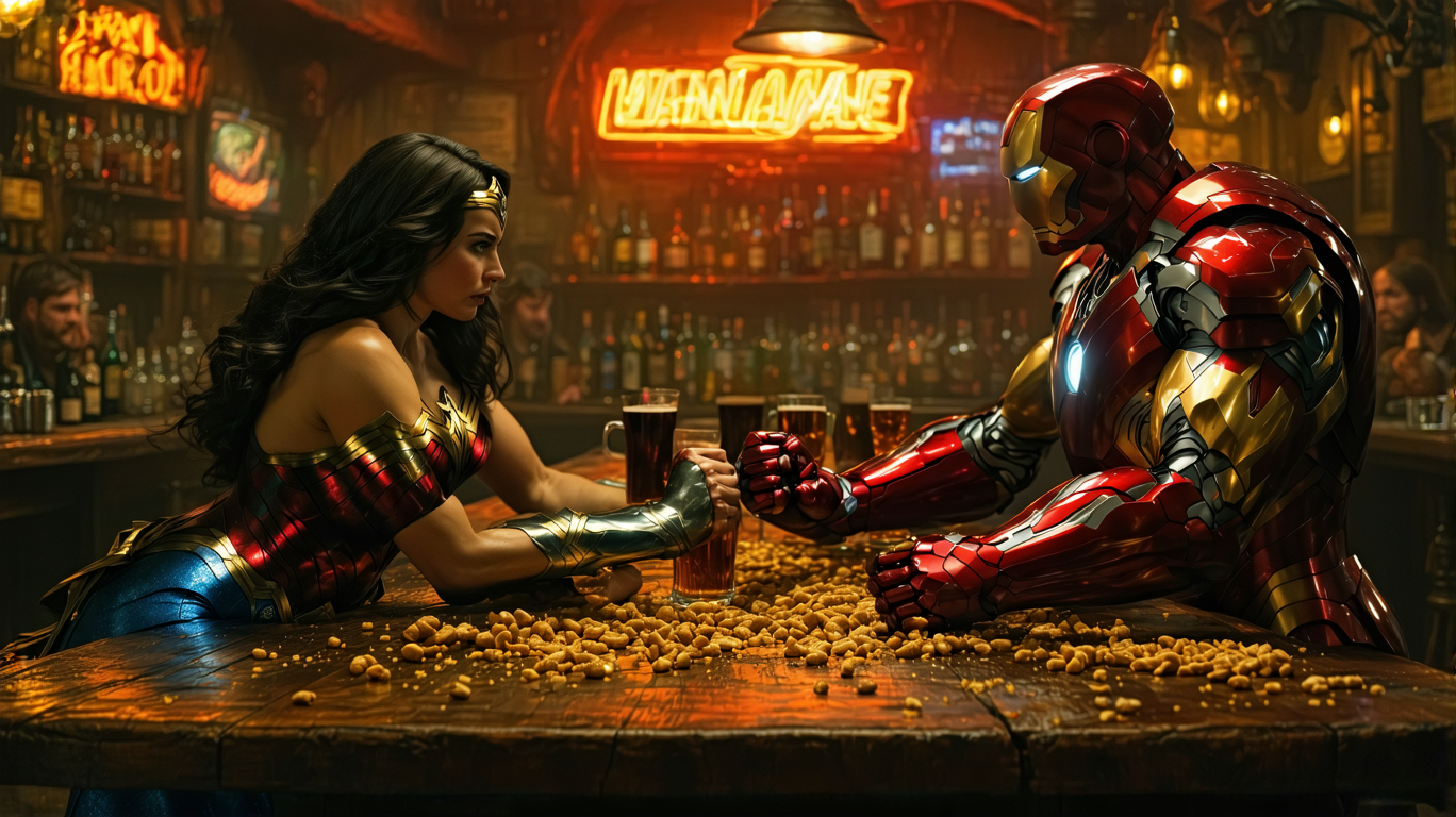 Create an image where **Wonder Woman and Iron Man** are engaged in an **arm wrestling match** in a **rustic bar setting**. Here's how to visualize it:

- **Visual Details**: 
  - Wonder Woman should have her iconic **golden tiara**, **bracers**, and **Lasso of Truth** subtly glowing at her waist. Her **costume** should be in her classic red, blue, and gold, with intricate details on the armor.
  - Iron Man should be in his **Mark 85 armor**, with **metallic sheen** and **arc reactor** glowing brightly. Ensure the armor looks robust, with detailed **mechanical joints**.
  - The bar should be dimly lit with **warm, ambient lighting**, casting shadows that highlight the tension. Include **wooden tables**, **beer mugs**, and **peanut shells** on the floor for authenticity.

- **Style**: 
  - Use a **cinematic, action-packed** style with a slight **comic book aesthetic**. Employ **high contrast lighting** to enhance drama.

- **Composition**: 
  - **Center** the arm wrestling match, with Wonder Woman and Iron Man leaning forward, their faces close, showing **intense concentration**.
  - Camera angle should be **slightly low**, capturing the **muscles** and **armors** in detail, giving a heroic, **larger-than-life** feel.

- **Mood and Atmosphere**: 
  - The atmosphere should be **competitive yet friendly**, with a **sense of anticipation** from the patrons. The bar should have a **lived-in, gritty** feel, with **neon signs** and **jukebox music** in the background.

- **Technical Aspects**: 
  - Use **shallow depth of field** to focus on the arm wrestling while the background is slightly blurred, enhancing the focus on the characters.
  - Employ **motion blur** to suggest movement in the background, indicating a lively bar environment.

**Final Image**: A thrilling, cinematic portrayal of an epic arm wrestling match between Wonder Woman and Iron Man, set in a gritty, atmospheric bar, capturing the essence of both characters in a high-stakes, yet light-hearted competition.