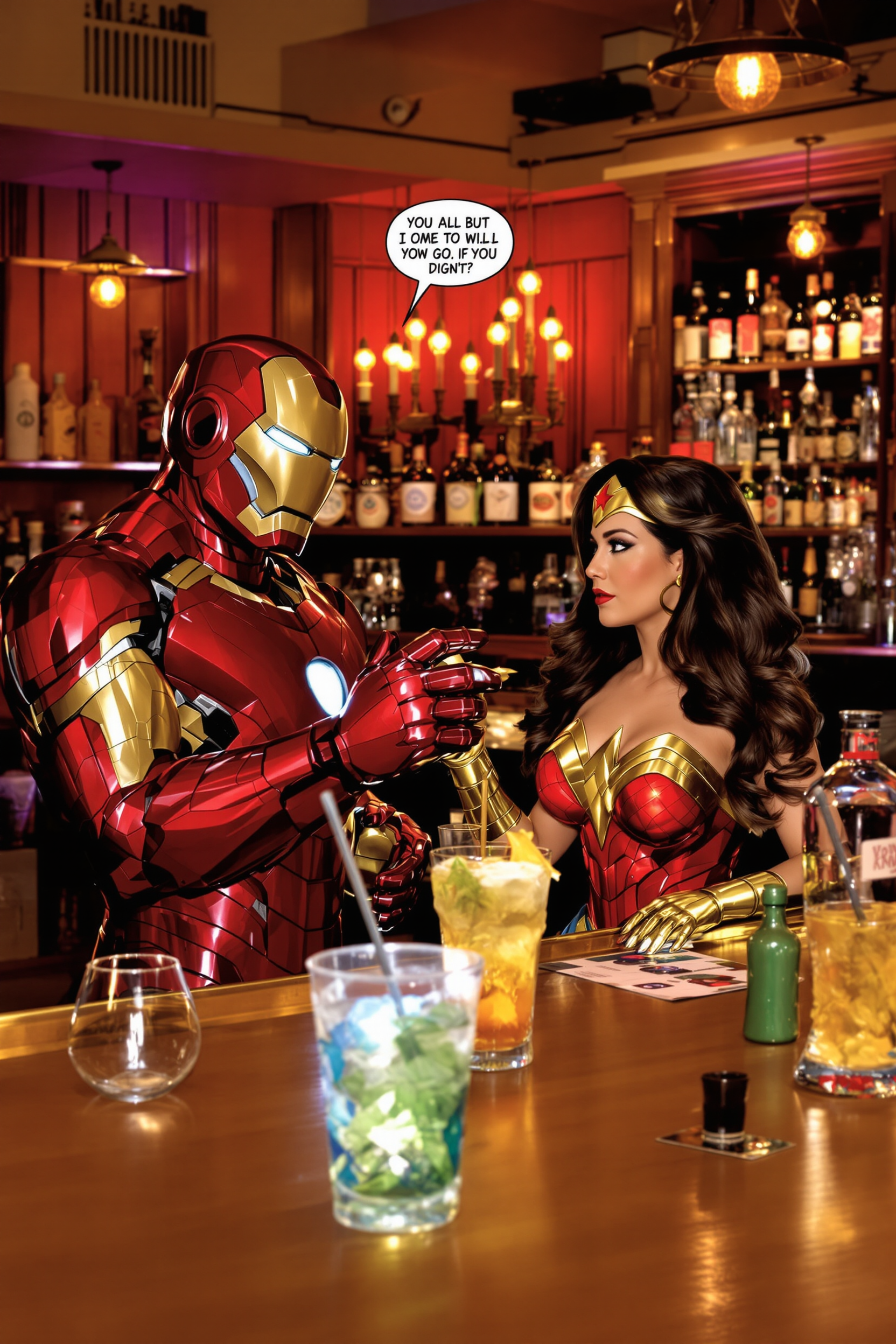 Ironman buys Wonder woman a drink at a bar.