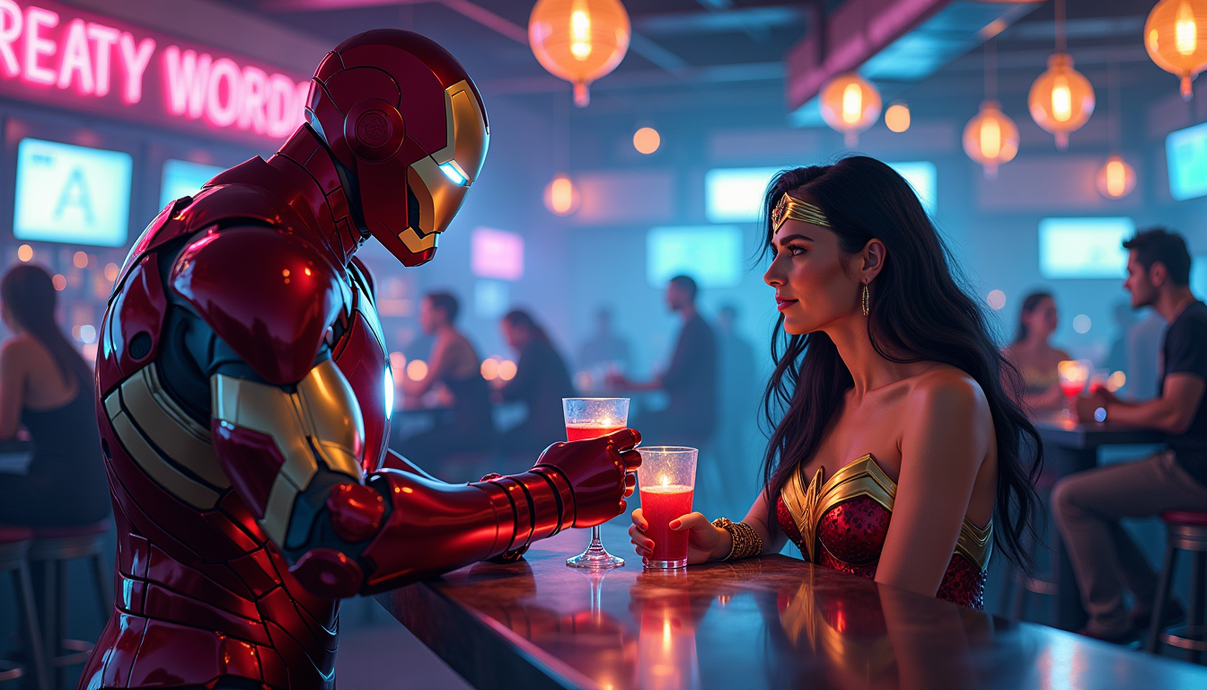 A **cinematic, high-resolution image** depicting **Ironman**, in his sleek, red and gold armor, with light reflecting off his helmet, buying **Wonder Woman** a drink at a **futuristic, neon-lit bar**. The **artistic style** should mimic a **comic book cover** with exaggerated, bold lines, vibrant colors, and dynamic shadowing. 

- **Visual Details**: Ironman's armor should show intricate details like the arc reactor's blue glow, while Wonder Woman's costume is **Amazonian armor** with **leather and metal textures**, her golden lasso subtly visible at her side. The bar is **cyberpunk-themed** with holographic drinks and patrons in futuristic attire.

- **Composition**: Ironman stands slightly to the left, his back towards us, offering a drink to Wonder Woman who is seated, her face partially turned towards the viewer, her eyes meeting the camera with a knowing smile. The camera angle is slightly low, looking up to emphasize the grandeur of the characters.

- **Mood and Atmosphere**: The scene exudes a **relaxed, flirtatious, and slightly mysterious atmosphere**. Neon lights cast a **blue and pink glow** across the scene, with **soft, ambient lighting** creating a **cozy, intimate setting** within the bar's otherwise busy environment.

- **Technical Aspects**: Utilize **shallow depth of field** to focus on the characters, with the background slightly blurred. Employ **dramatic lighting** to highlight the key figures, with **high contrast** to mimic comic book style.

- **Cohesion**: The **futuristic setting** blends seamlessly with the **superhero characters**, creating a **believable, immersive scene** where these icons could naturally interact in a **sci-fi bar** setting.