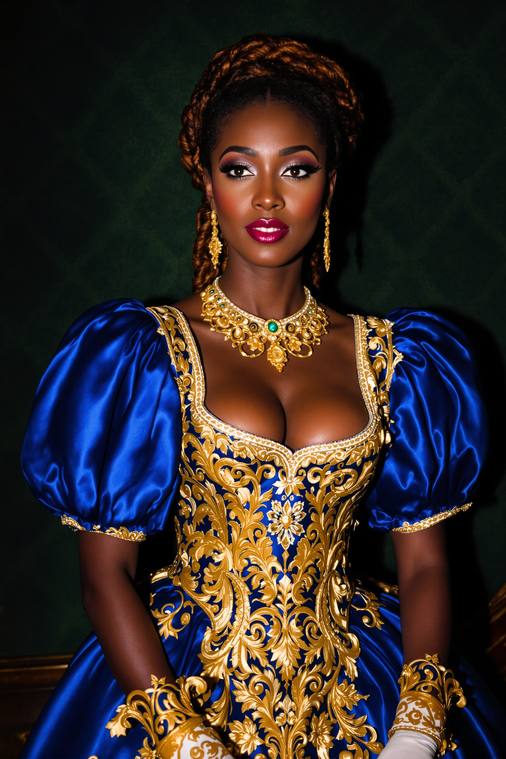 The image features a woman dressed in a richly detailed, royal blue and gold gown with intricate embroidery and patterns. The gown has a fitted bodice with a low cut neckline with a large bust, adorned with golden floral and scrollwork embroidery. The sleeves are puffed and gathered at the wrists, also embellished with gold detailing. The person is wearing a matching golden necklace with a pendant, and earrings that complement the necklaces style. The hair is styled in an elaborate updo with braids and curls, adding to the regal appearance. The background is a dark green with a pattern that suggests a luxurious or historical setting. The lighting in the image is dramatic, highlighting the textures and colors of the clothing and creating a warm, intimate atmosphere.
