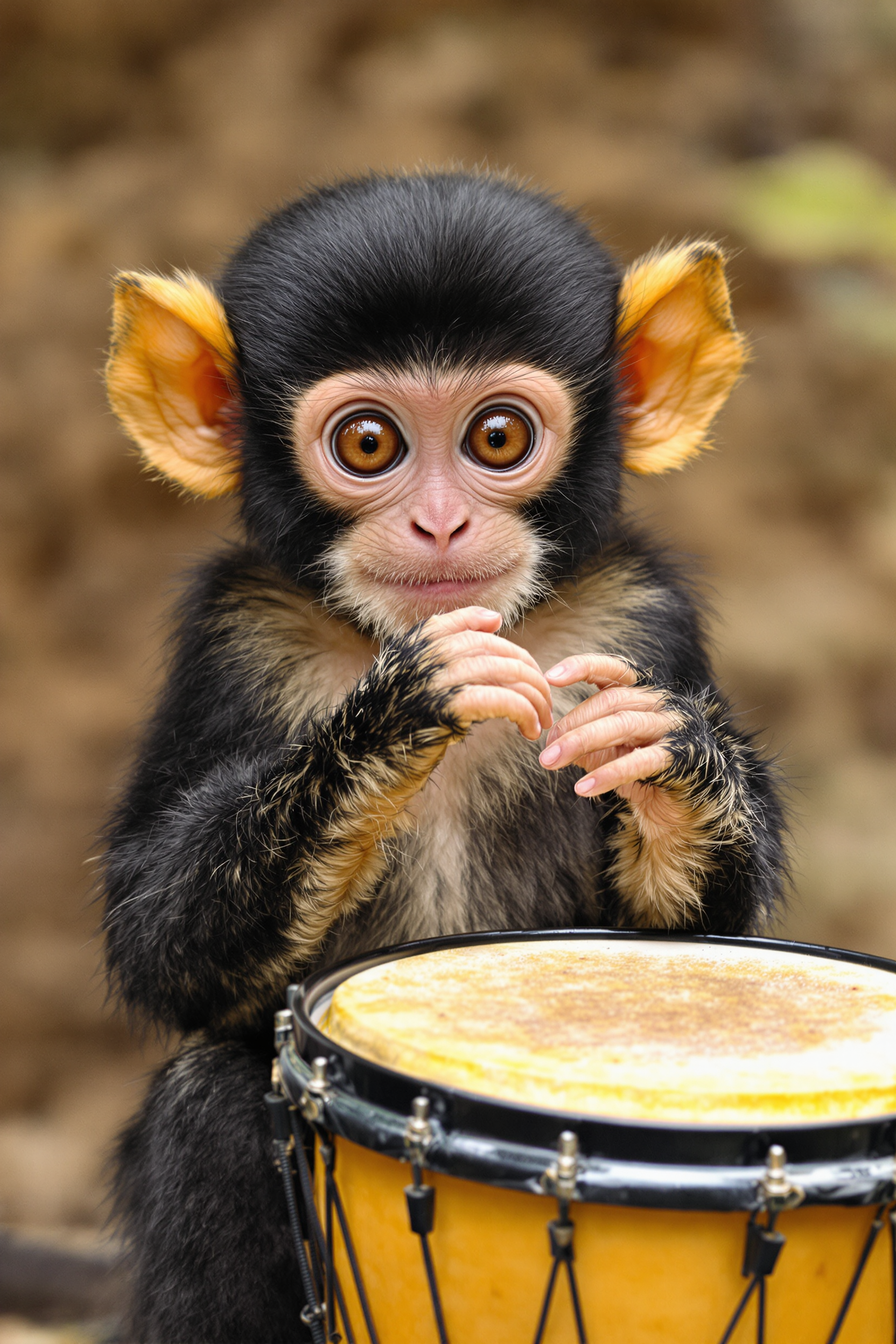 The image features a young monkey with the following visual elements1. Color and Texture of the Monkeys Fur The monkey has a predominantly black coat with lighter shades on its face and ears. The fur appears soft and fluffy, with individual strands of hair visible.2. Ears The monkey has large, floppy ears with a golden hue, which contrast with the darker color of the rest of its head.3. Eyes The monkey has large, expressive eyes with a reddish brown iris and a hint of white around the edges, giving them a somewhat humanlike appearance.4. Hands and Feet The monkeys hands and feet are raised in a gesturing manner. The hands are positioned near its chest, with fingers slightly curled, and the feet are placed on the ground, with toes slightly curled.5. Expression The monkey has a surprised or startled expression, with wide eyes and a slightly open mouth.6. Drum In front of the monkey is a small, yellow snare drum with a black rim and tension rods. The drums head appears to be made of a natural material, possibly skin, with a visible grain pattern.7. Background The background is blurred, but it seems to be a natural outdoor setting with earthy tones and hints of greenery, suggesting the monkey is in a forest or a similar environment.8. Lighting The lighting in the image is soft and natural, with a warm tone that highlights the monkey and the drum, creating a gentle contrast against the darker background.9.Composition The monkey is positioned centrally in the frame, with the drum slightly to the right, creating a balanced composition that draws the viewers attention to the subject.