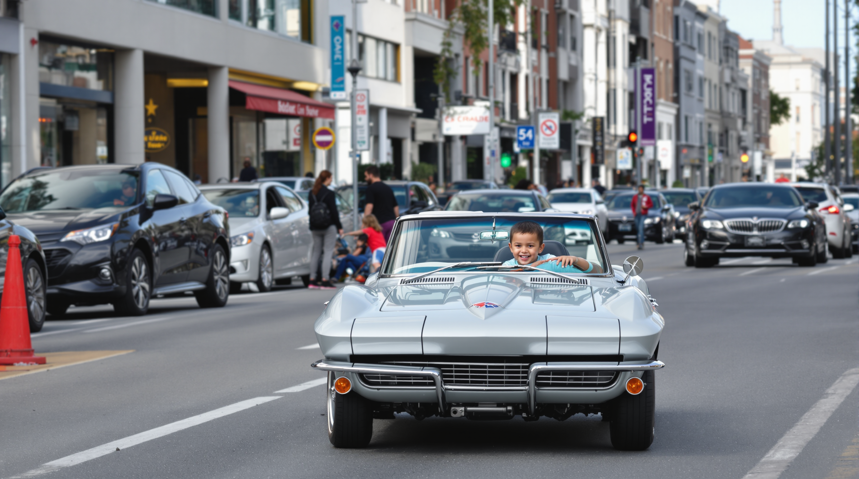A 2 year old drives a mini 1963 corvette converible in a city street.